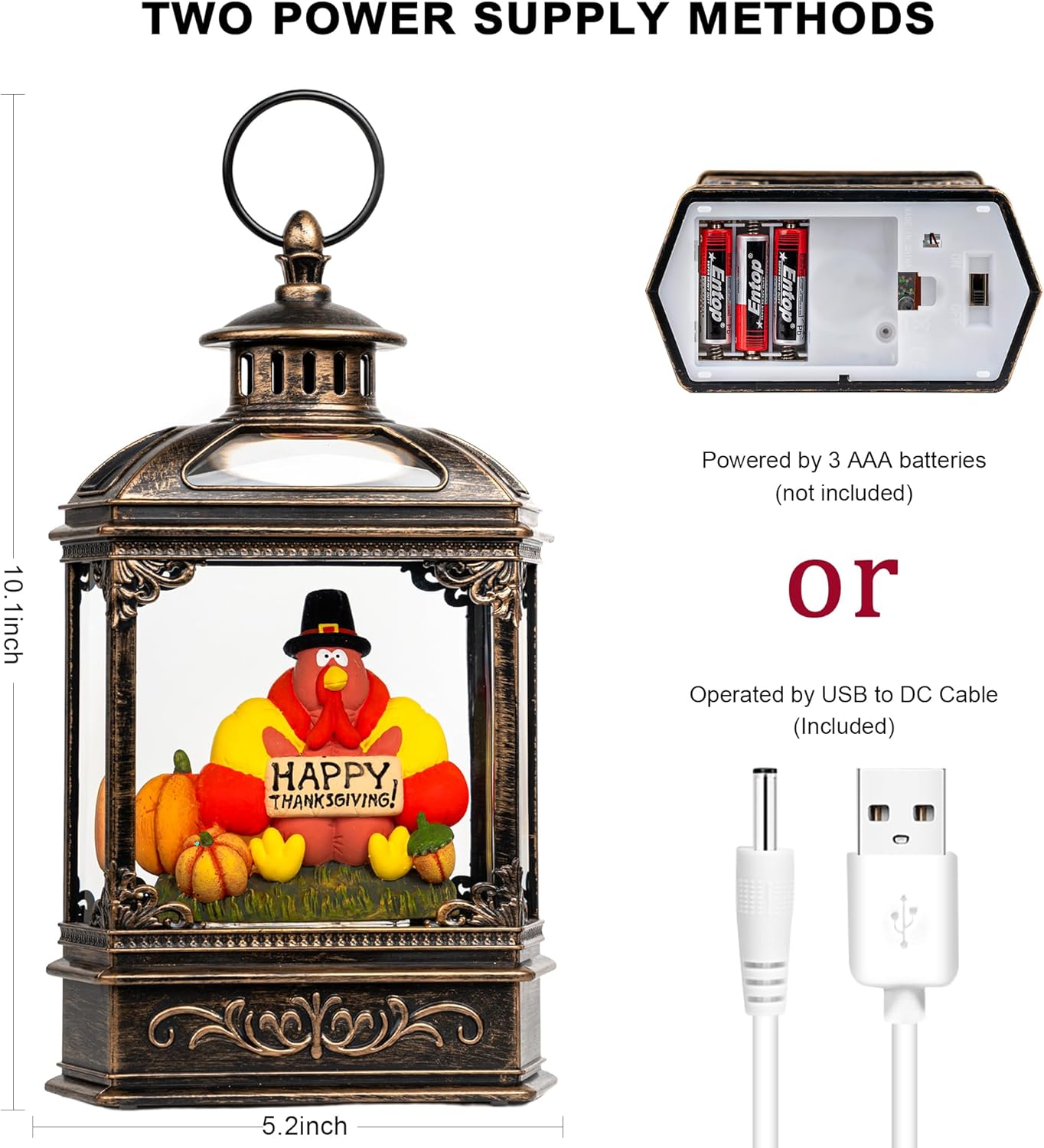 Fall Snow Globe Lantern -Thanksgiving Turkey with Pumpkins Spinning Water Lantern with Swirling Glitter Fall Decorations for Home, Thanksgiving, Autumn Harvest Fall Decor