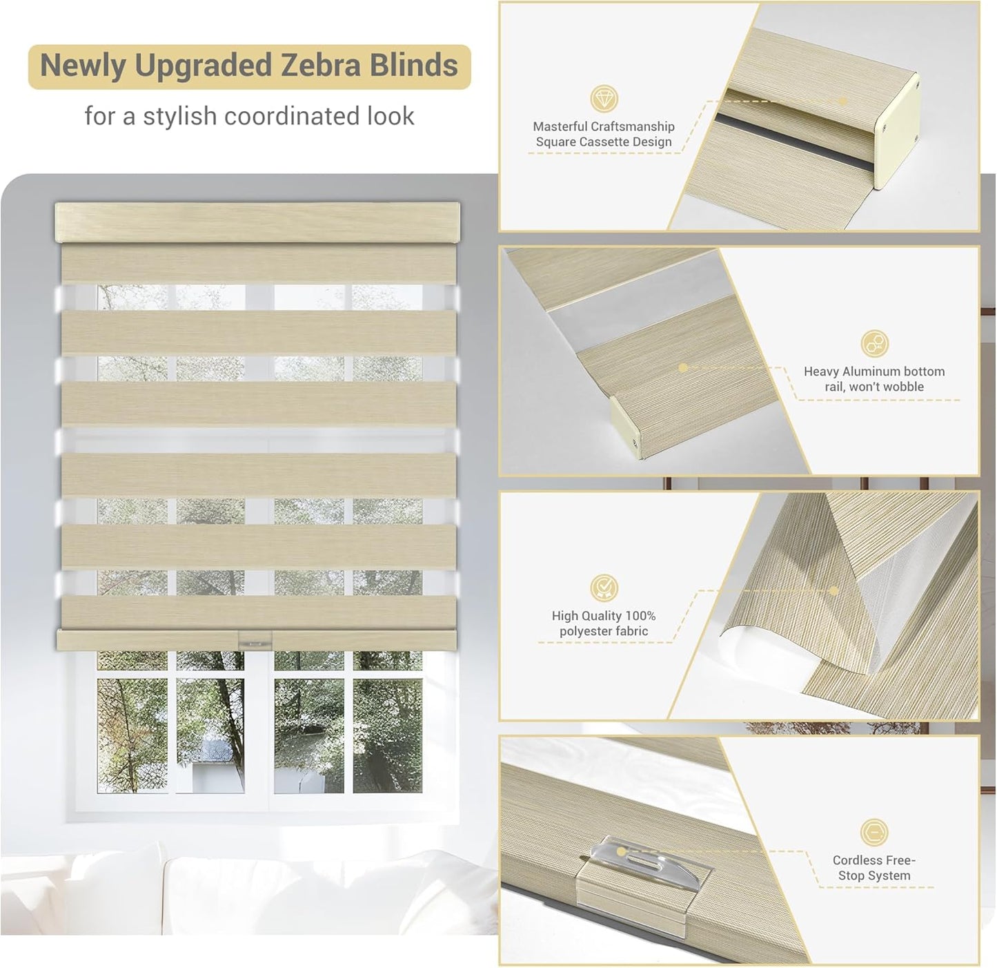 Cordless Zebra Blinds for Windows, Blackout Interior Blinds,Easy to Install,UV Protection,for Offices and Home,Custom Roller Shades, Mousse Beige,20" W x 36" H
