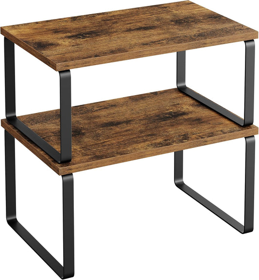 SONGMICS Cabinet Organizer Shelf, Set of 2 Kitchen Counter Shelves, Kitchen Storage, Spice Rack, Stackable, Expandable, Metal and Engineered Wood, Ink Black and Rustic Brown UKCS020X01