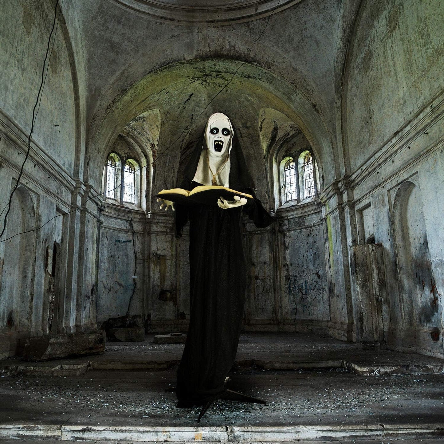 Haunted Hill Farm Life-Size Scary Talking Witch Nun Halloween Animatronic with Touch Activated Lights and Sound, Poseable, Battery Operated Indoor or Covered Outdoor Creepy Halloween Decorations