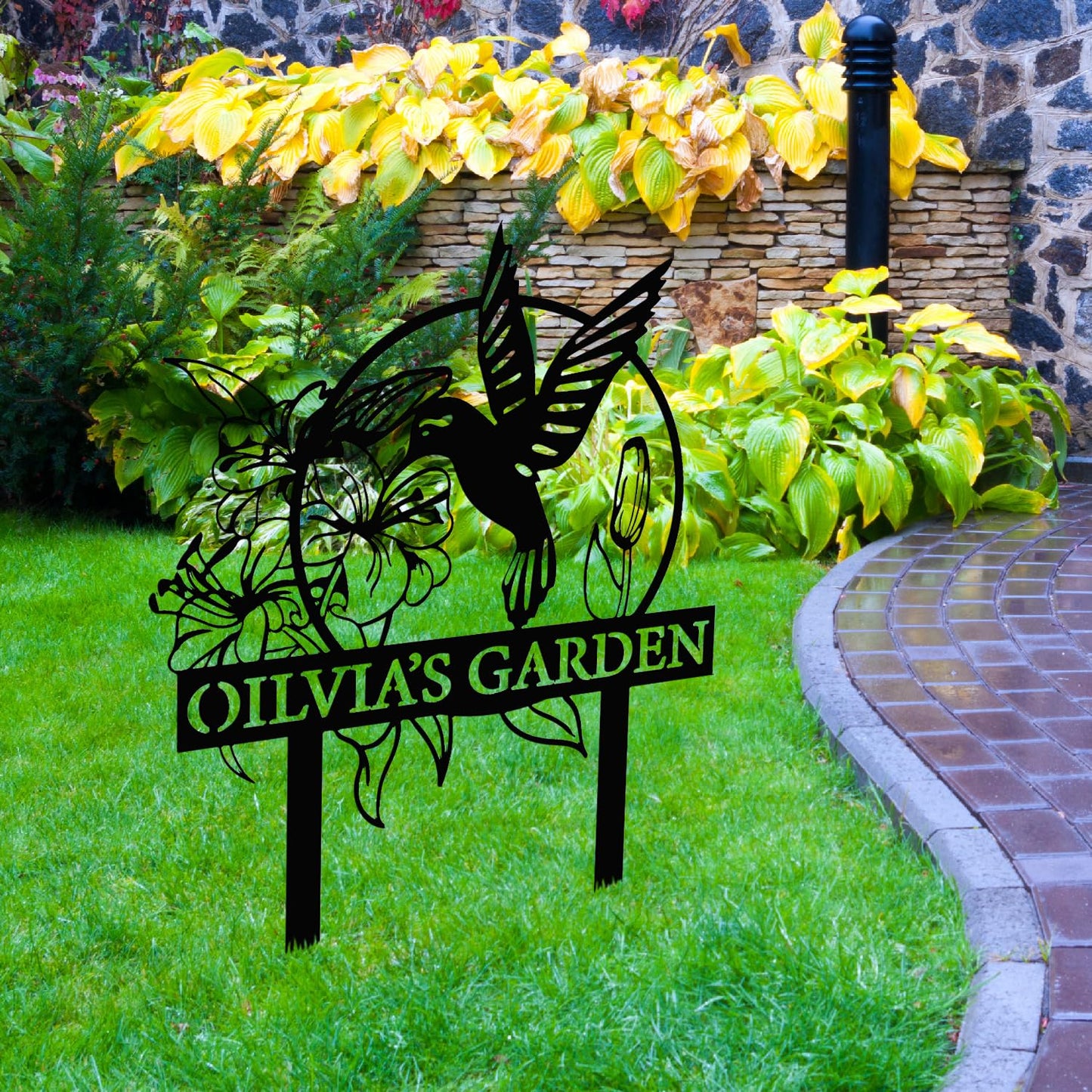 Custom Hummingbird Metal Garden Decor, Personalized Bird with Stakes Garden Sign, Flower Design Personalized Garden Sign, Custom Garden Name Sign, Home Gift, Large Outdoor Decor, Patio Decor