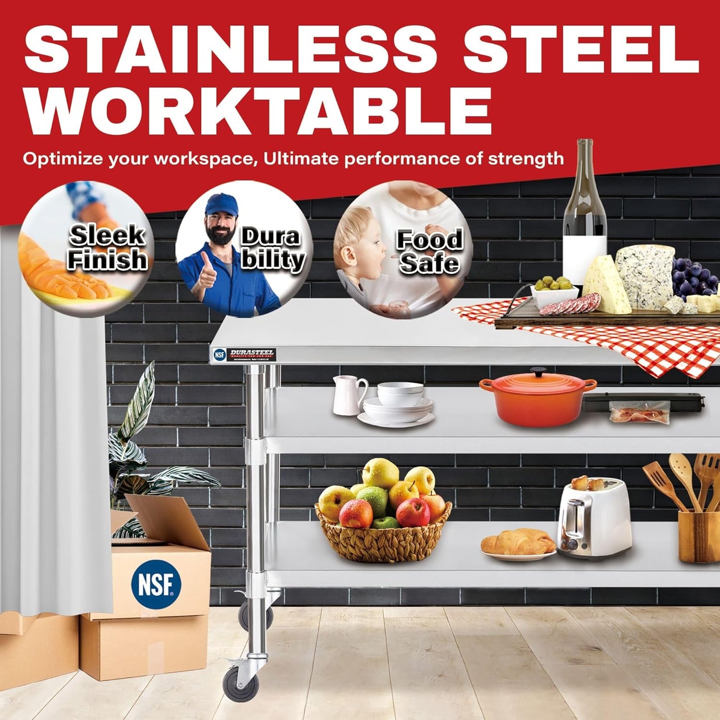 DuraSteel Stainless Steel Work Table 24" x 48" x 34" Height w/ 4 Caster Wheels - Food Prep Commercial Grade Worktable - NSF Certified - Good for Restaurant, Business, Warehouse, Home, Kitchen, Garage
