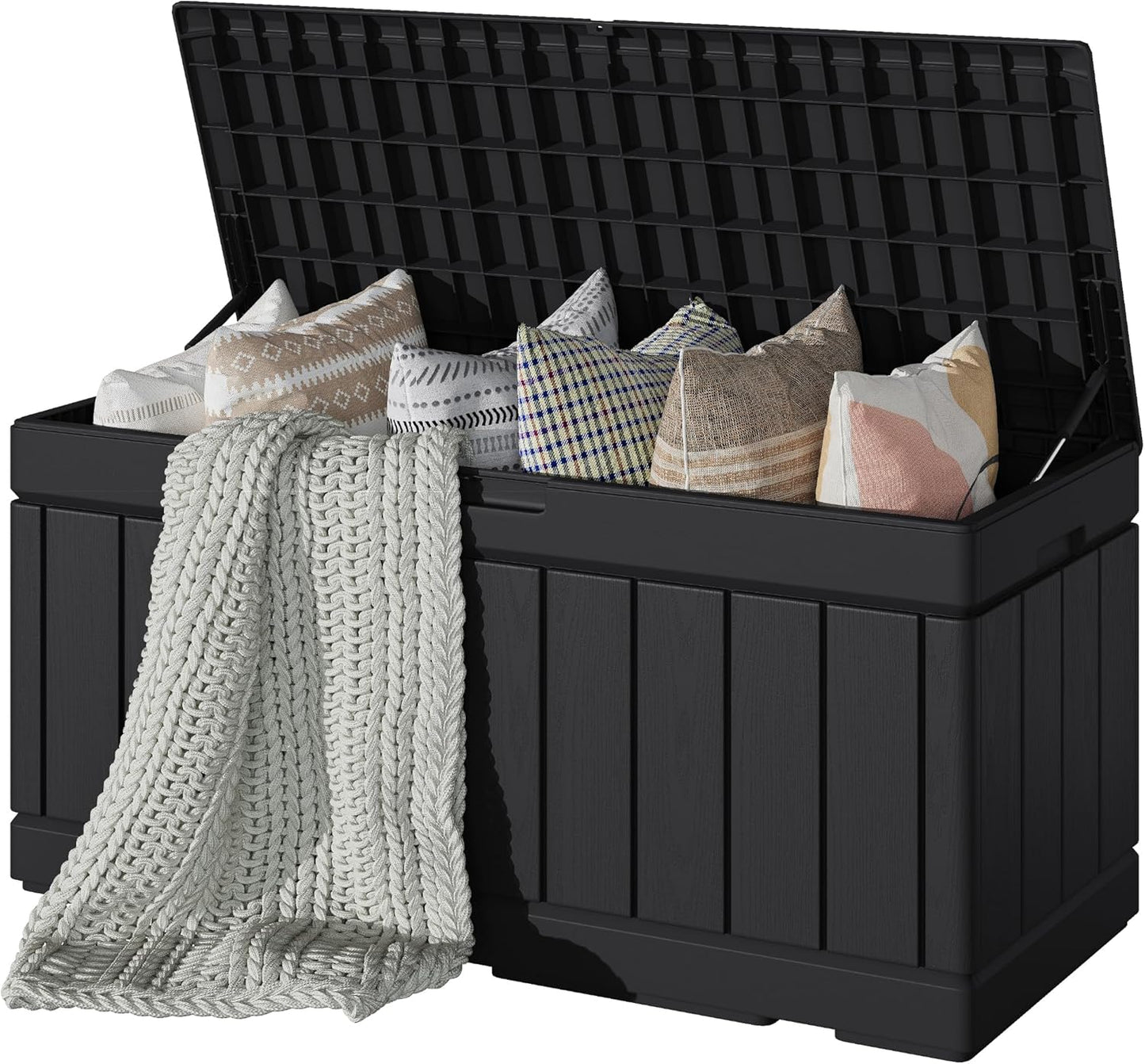 Devoko 80 Gallon Deck Box, Waterproof Resin Outdoor Storage Box for Outside and Patio, Outdoor Storage Bench Lockable for Patio Furniture, Garden Tools and Pool Supplies (Black, 80 Gallon)