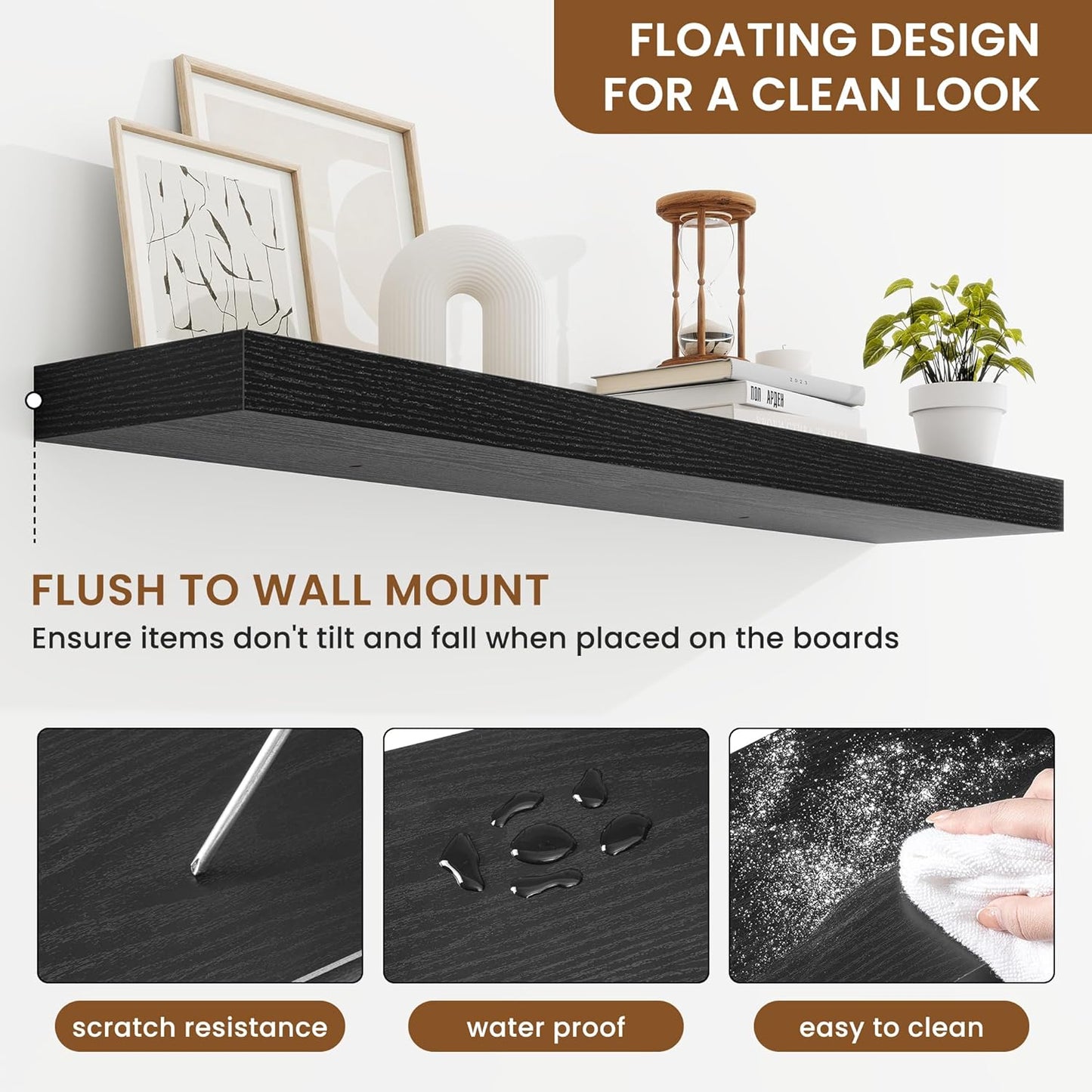 fuqing Floating Shelves for Wall, Bathroom Shelf Wall Mounted for Storage, Shelves with Invisible Bracket for Bedroom, Kitchen, Living Room, Farmhouse Small Book Shelf, 40 Inch Set of 2, Black