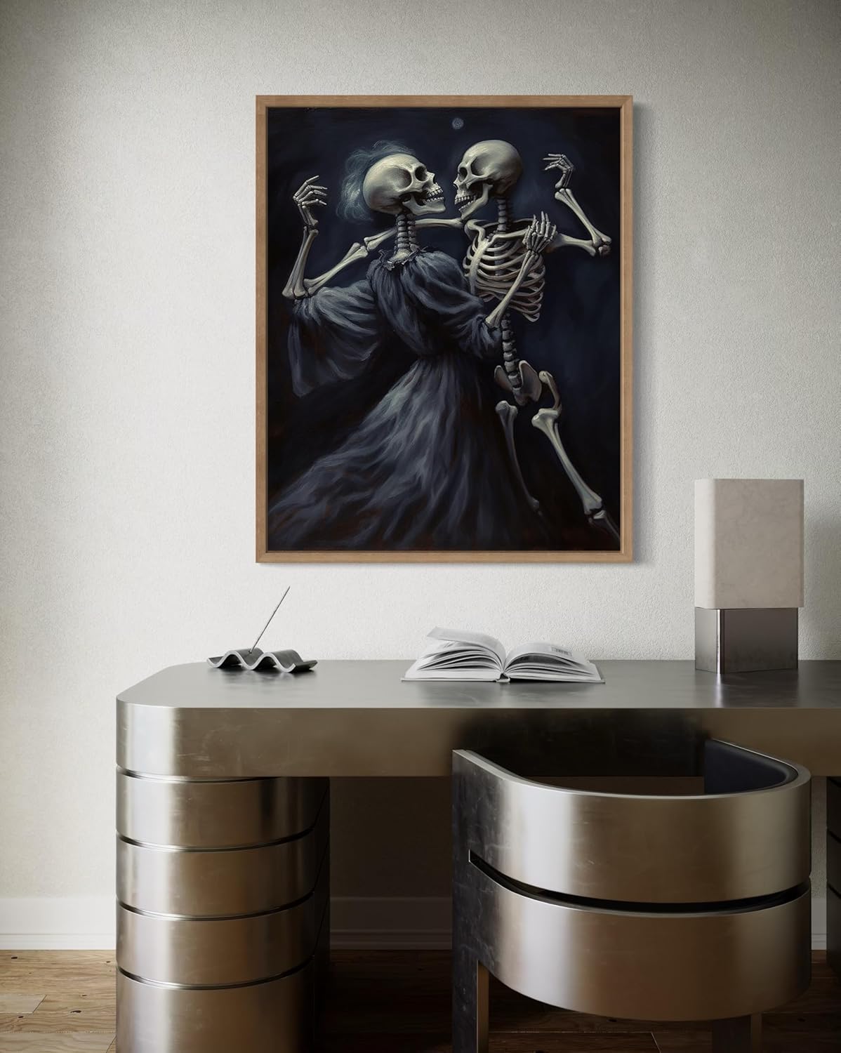 Dancing Skeleton Poster Art Print, Halloween Scary Vintage Wall Art Academia Spooky Painting Decoration for Horror Prints, Gothic Posters Bedroom Decor 89 (Dancing Skeleton, 8 x 10 inches, Wood Frame)