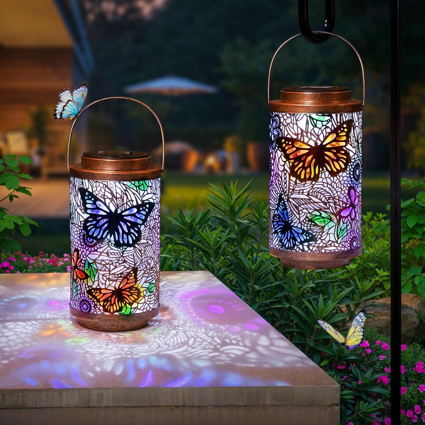 2Pack Solar Lanterns Outdoor Waterproof Colorful Butterfly Garden Gifts for Women, Multicolor Solar Outside Lights Patio Lantern for Yard, Backyard, Porch, Mothers Day Gifts for Mom Grandma Wife