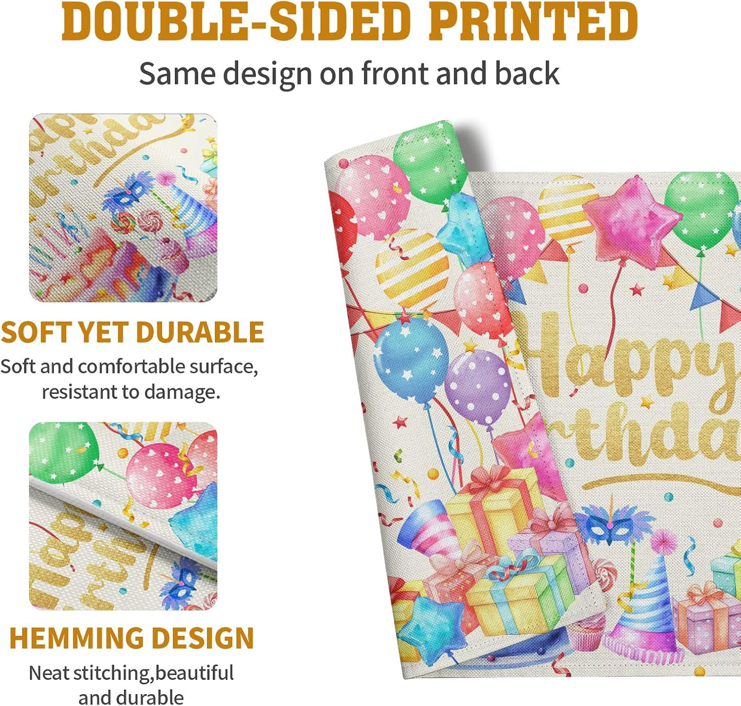 Happy Birthday Placemats Set of 4 Colorful Balloons Confetti Cake Linen Table Mats 12x18 Inch Birthday Party Place Mats for Kitchen Dining Outdoor Indoor Decorations