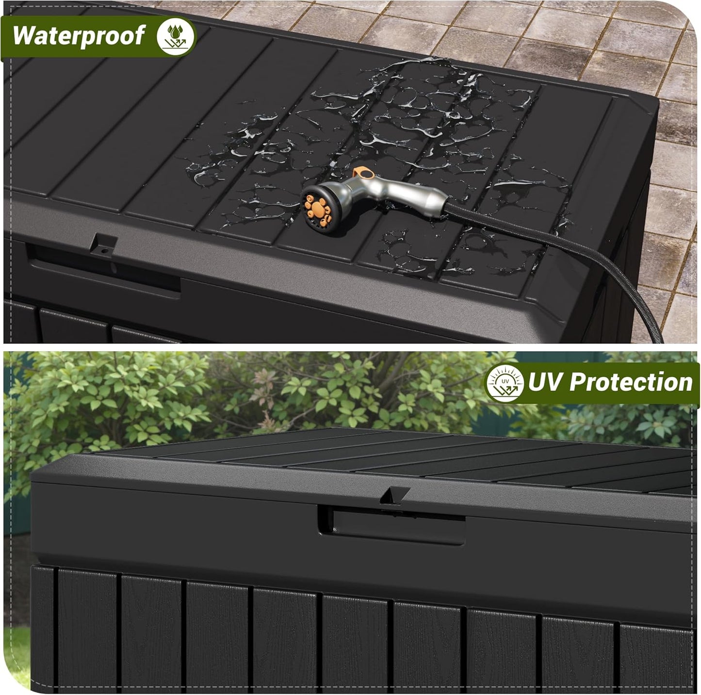 Devoko 80 Gallon Deck Box, Waterproof Resin Outdoor Storage Box for Outside and Patio, Outdoor Storage Bench Lockable for Patio Furniture, Garden Tools and Pool Supplies (Black, 80 Gallon)