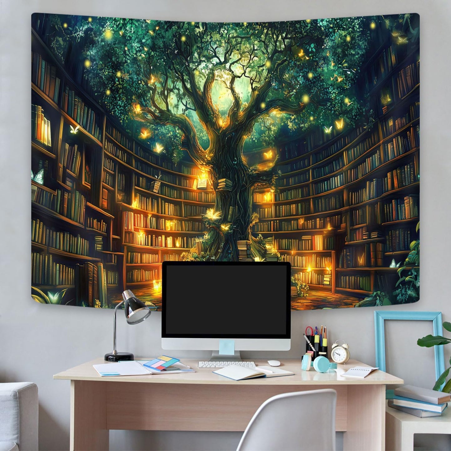 Fantasy Library Tapestry, Fairytale Tree Magic Bookshelf Aesthetic Tapestries for Classroom, Witchy Fairy Tree Mysterious Vintage Bookshelf Book Art Tapestry Wall Hanging College Room Bedroom, 80"X60"