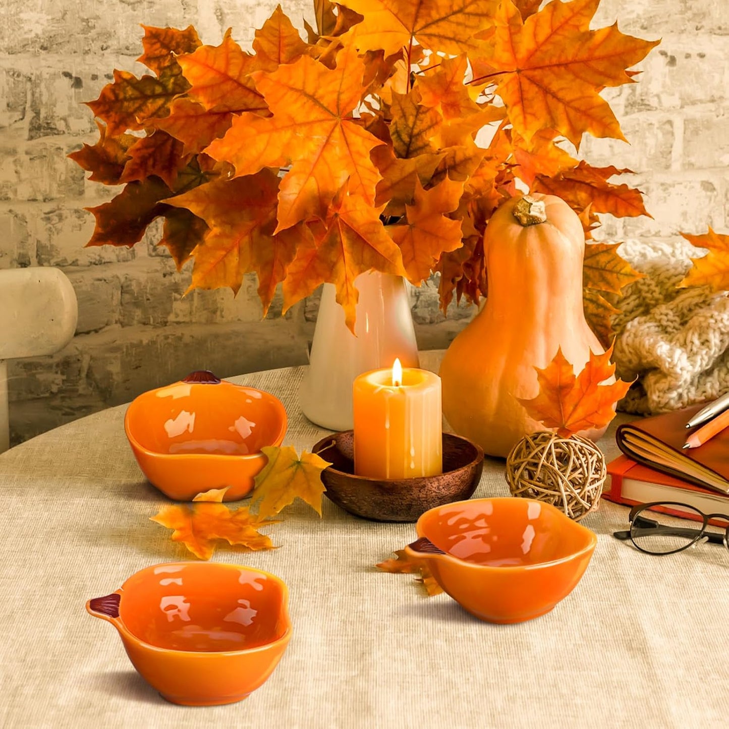 Dandat Fall Ramekins 6 oz Oven Safe Pumpkin Ceramic Ramekins Small Creme Brulee Dishes Dipping Pumpkin Baking Dish Shaped Bowl Plates for Serving Dip, Sauce, Condiments and Snack(8 Pcs)