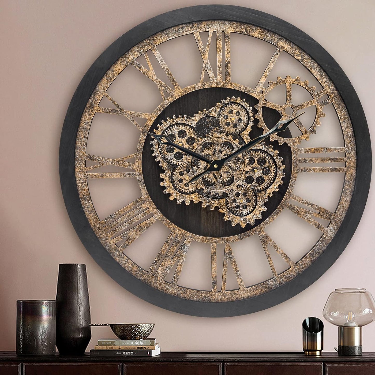 HOIBAI Large Wall Clock, Wall Clocks for Living Room Decor 20 Inch Farmhouse Vintage Rustic Kitchen Wall Decor Vintage Roman Oversized Wall Clock for Home Bedroom House Office, Moving Gears Clock