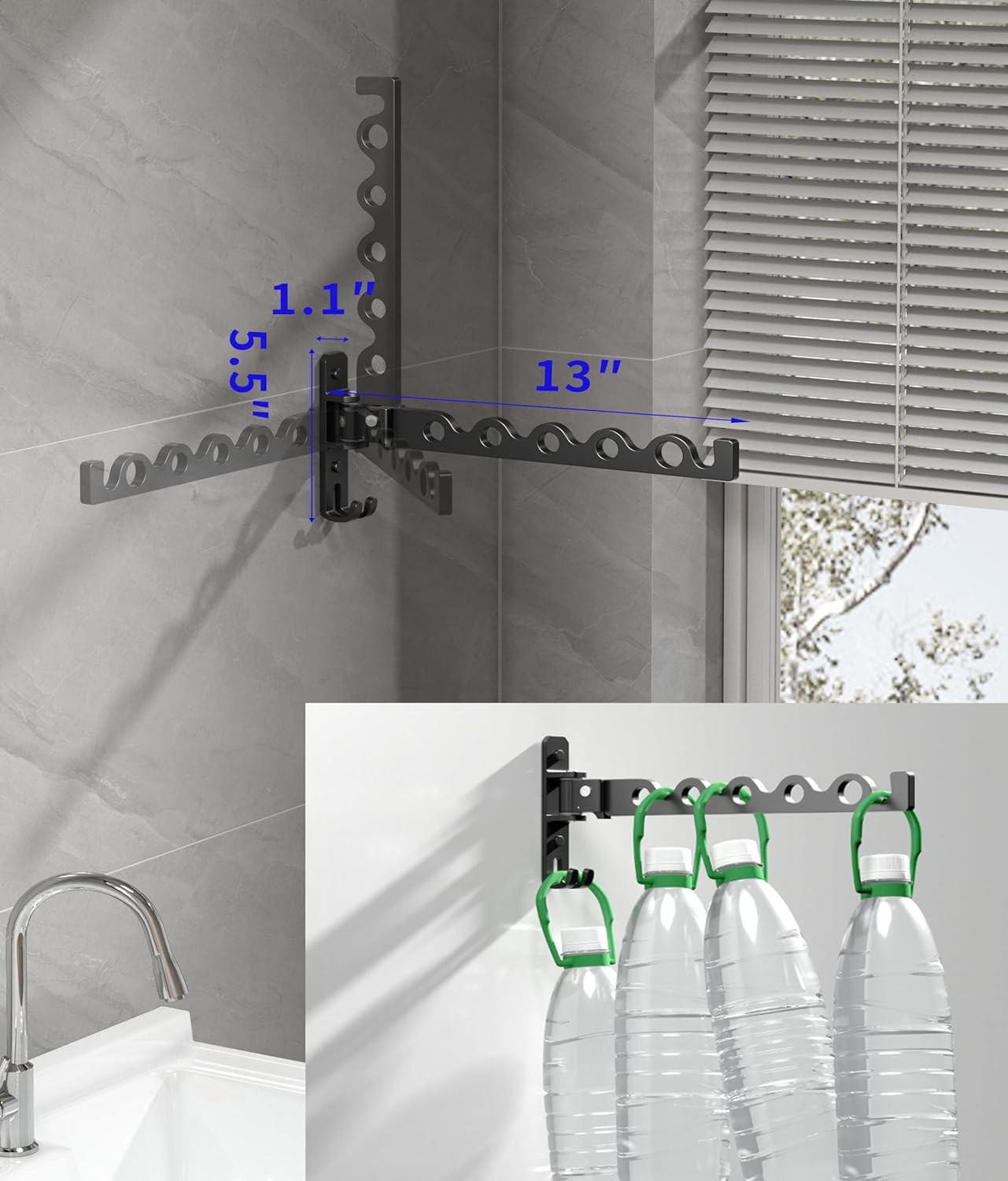 Dr.DJ Wall Hanger for Clothes, Coat Hanger Wall Mounted Silver Retractable Clothes Drying Organizer Rack Garment Hooks Aluminium Folding Indoor Space Save (2 Racks) Silver