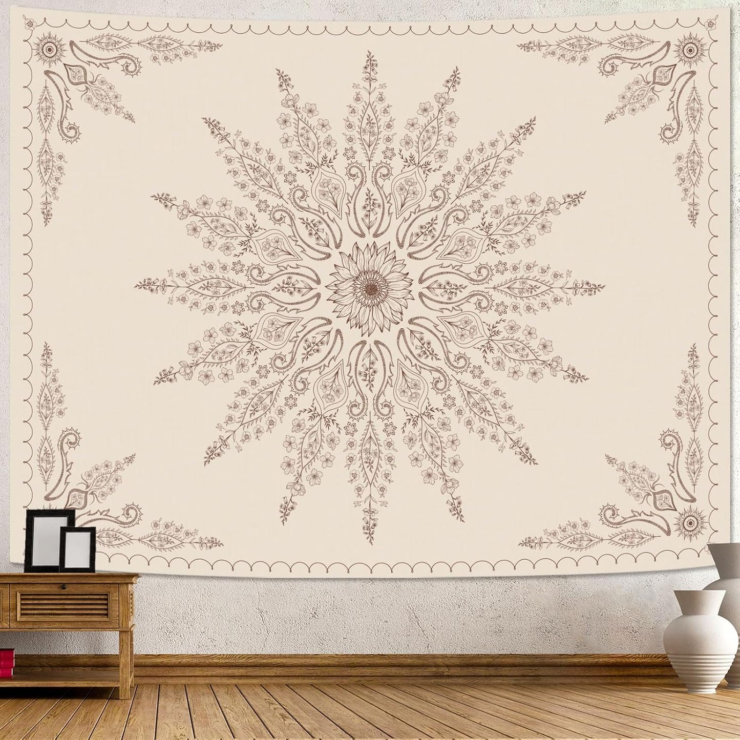 Fowocu Boho Floral Mandala Tapestry for Bedroom Aesthetic Bohemian Flower Wall Tapestry Beige Hippie Indian Extra Large Tapestries Wall Hanging for Living Room Dorm Decor 90 x 68 Inch