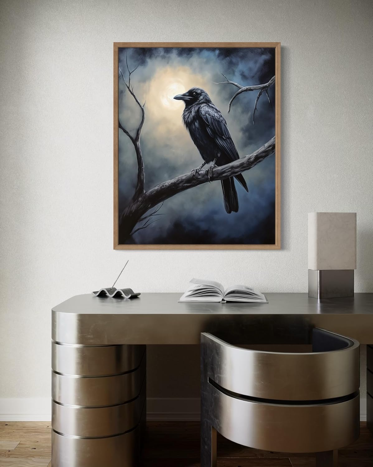 Crow under the Moonlight Poster Art Print, Halloween Scary Vintage Wall Art Academia Spooky Painting Decoration for Horror Prints, Gothic Posters Bedroom Decor 89 (Crow under the Moonlight, 8 x 10 inches, Wood Frame)