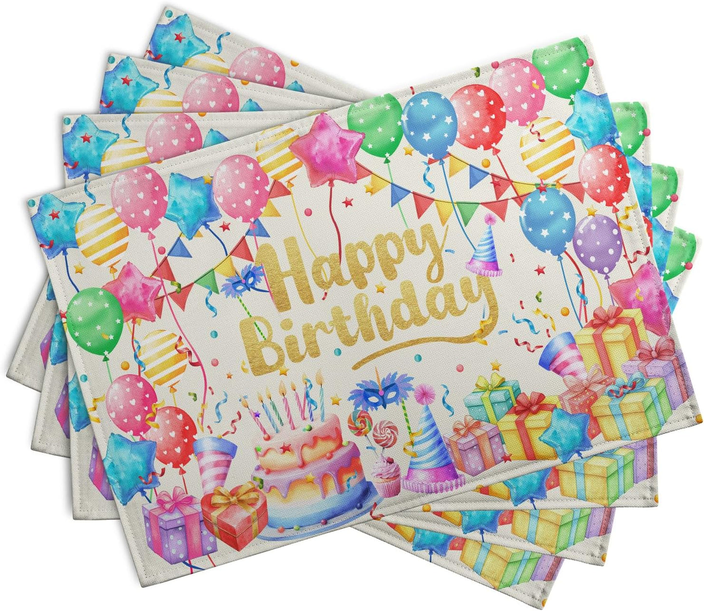 Happy Birthday Placemats Set of 4 Colorful Balloons Confetti Cake Linen Table Mats 12x18 Inch Birthday Party Place Mats for Kitchen Dining Outdoor Indoor Decorations