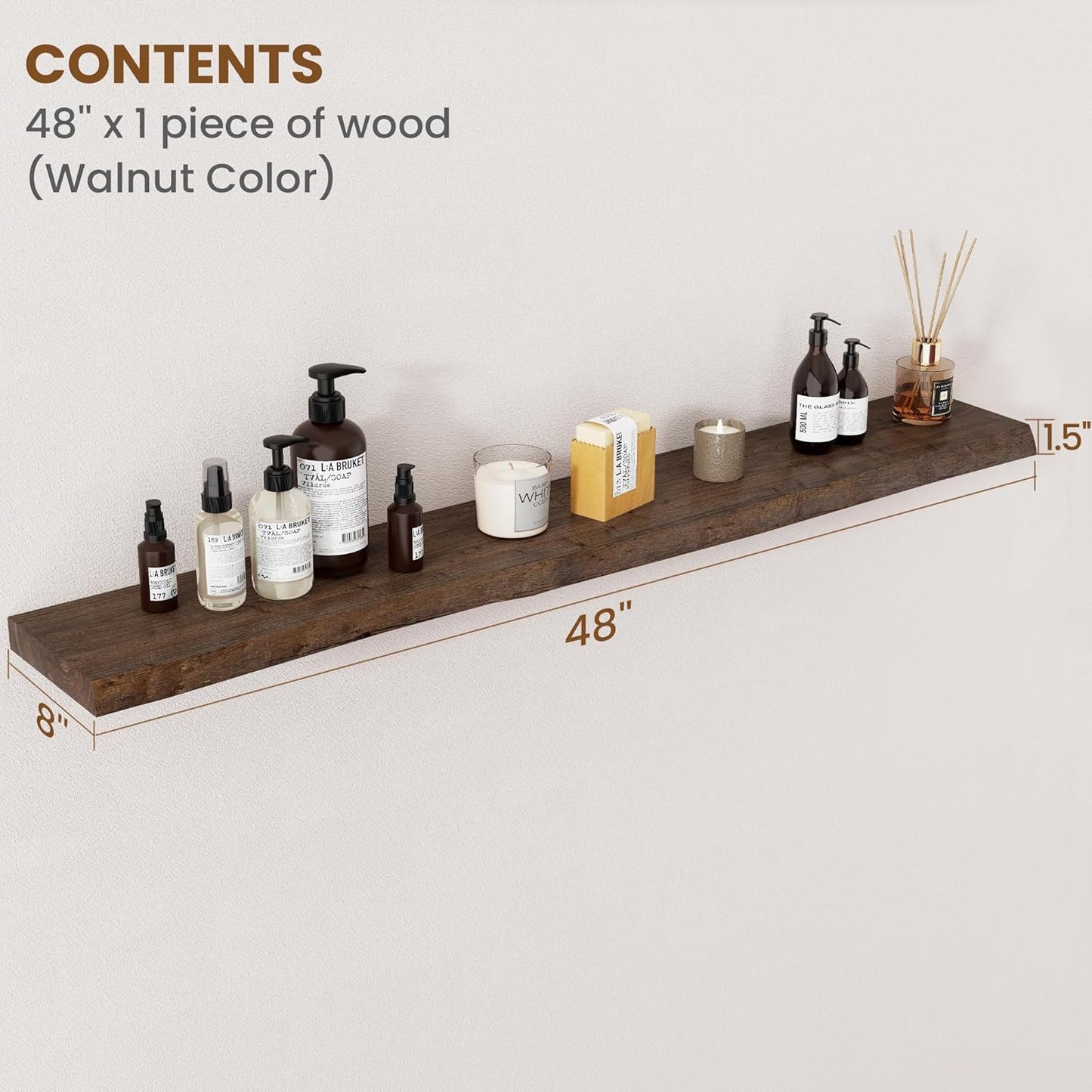 Floating Shelves for Wall Decor, Rustic Solid Elm Wood Floating Shelves Wall Mounted, Wall Shelves with Invisible Bracket for Living Room Bathroom Bedroom Kitchen, 48 Inch, Walnut