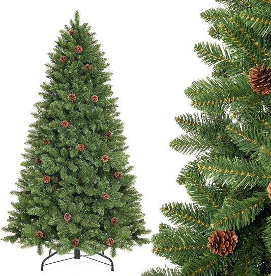 Decoway 5FT Artificial Christmas Tree: Unlit Green Xmas Pine with Pinecones and Metal Stand for Indoor - Holiday Decoration for Porch Living Room Easy Assembly