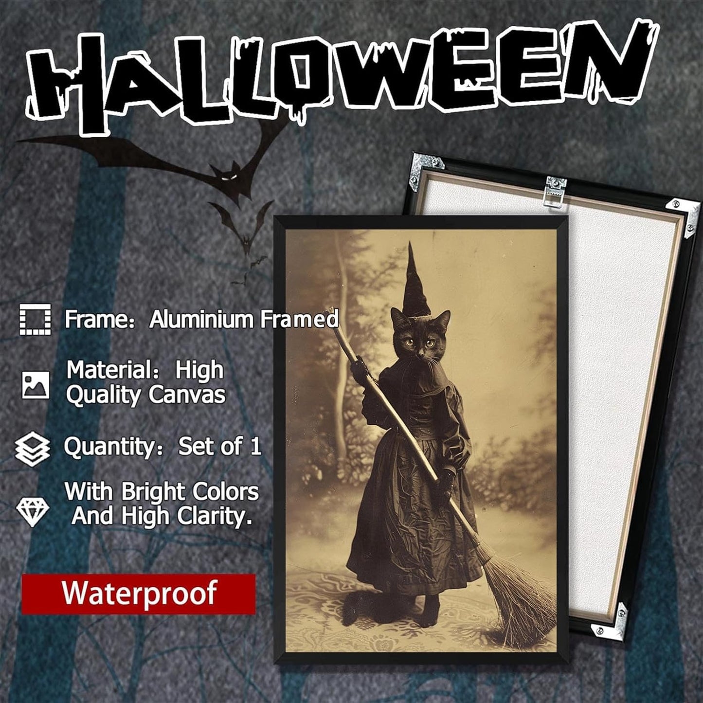 Halloween Decor Posters Black Cat Witch Canvas Wall Art Vintage Spooky Print Of Gothic Room Family Dark Academia Decorations Creepy Picture Poster Aesthetic 16X24inch Aluminum Framed