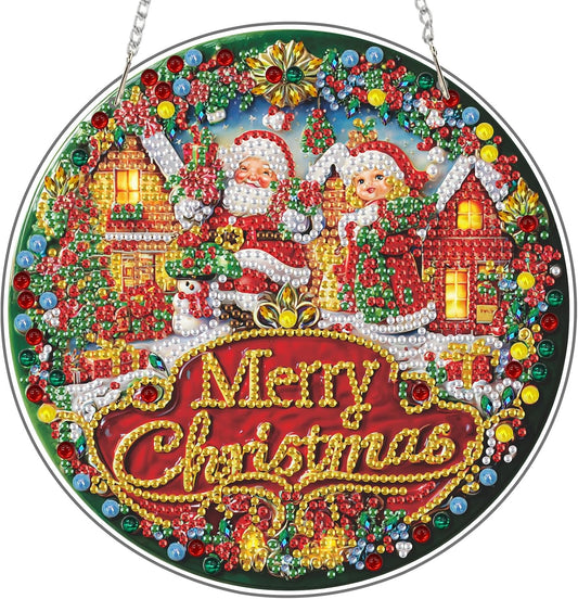 Diamond Art Hanging Kit for Adult, Merry Christmas, DIY Special Shaped Crystal Acrylic Diamond Art Painting Window Pendants, Santa Claus Sign, Diamond Painting Ornament for Home Garden Wall decor