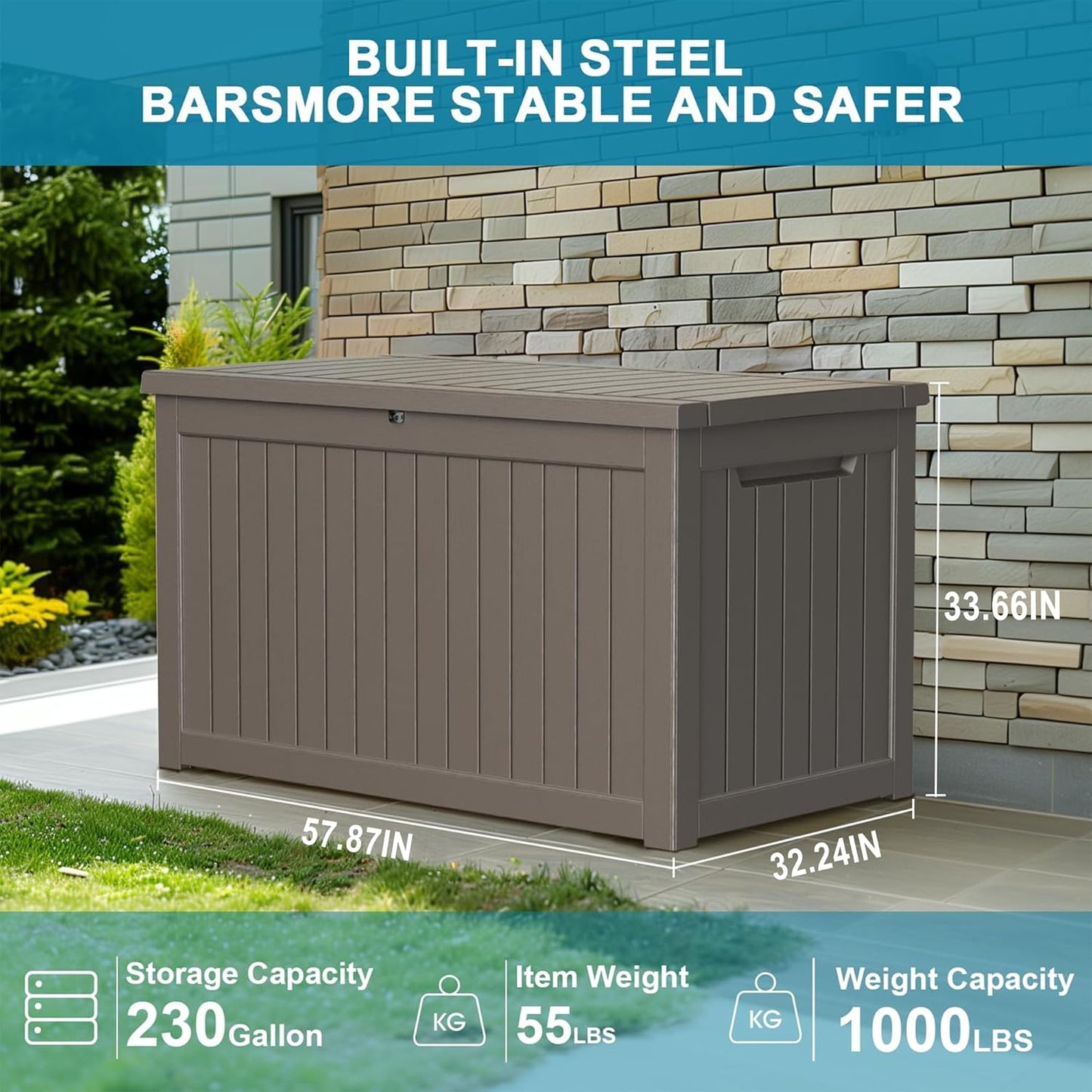 230 Gallon Resin Deck Box, Lockable Patio Outdoor Storage Box for Furniture, Garden Tools and Tools Storage, Waterproof Outside Storage Boxes - Grey