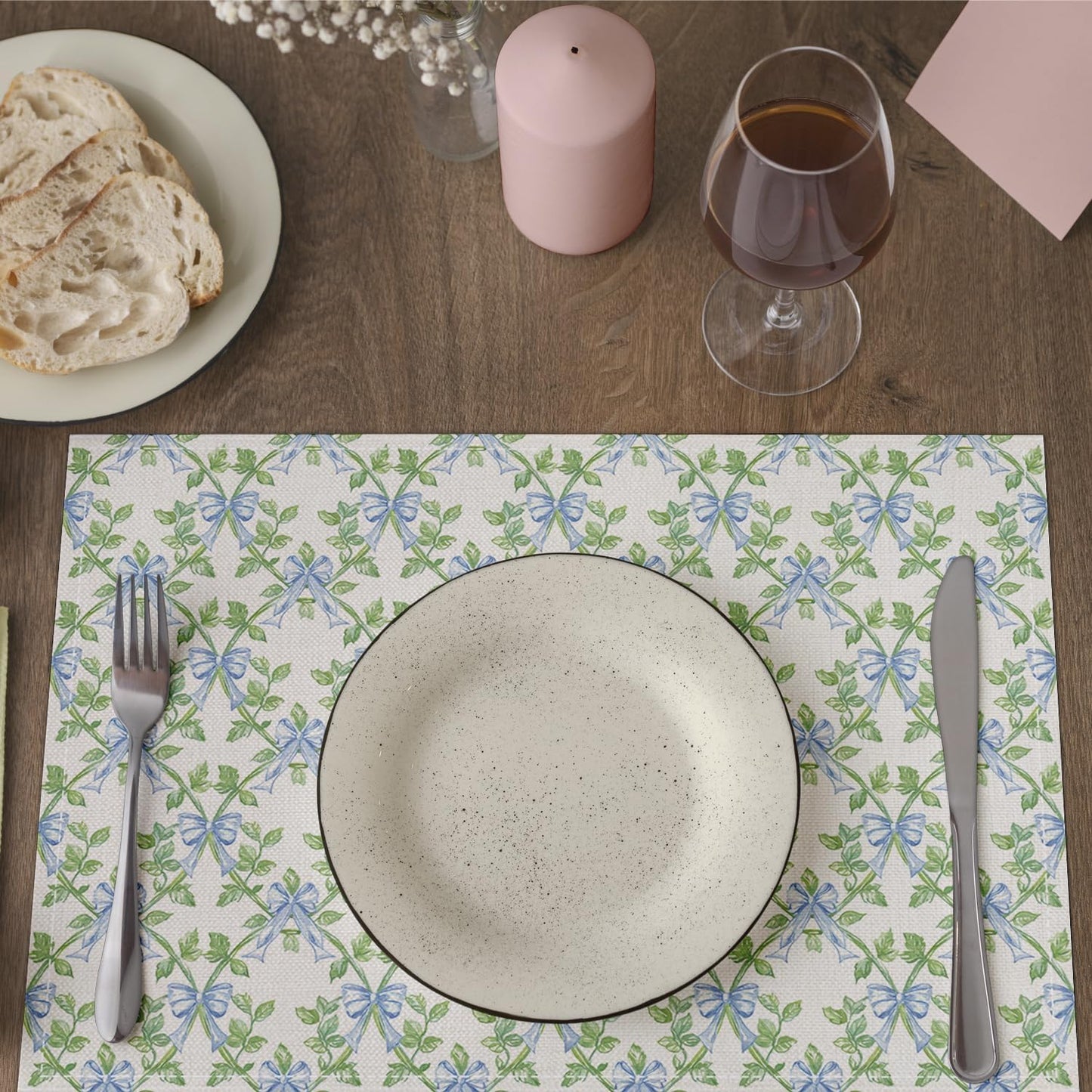 Green Leaf Placemats Set of 4, Blue Bow Table Mat for Home Kitchen, Restaurants, Outdoor Linen Washable Place Mats 12x18 inch Party Event Dining Decoration-01