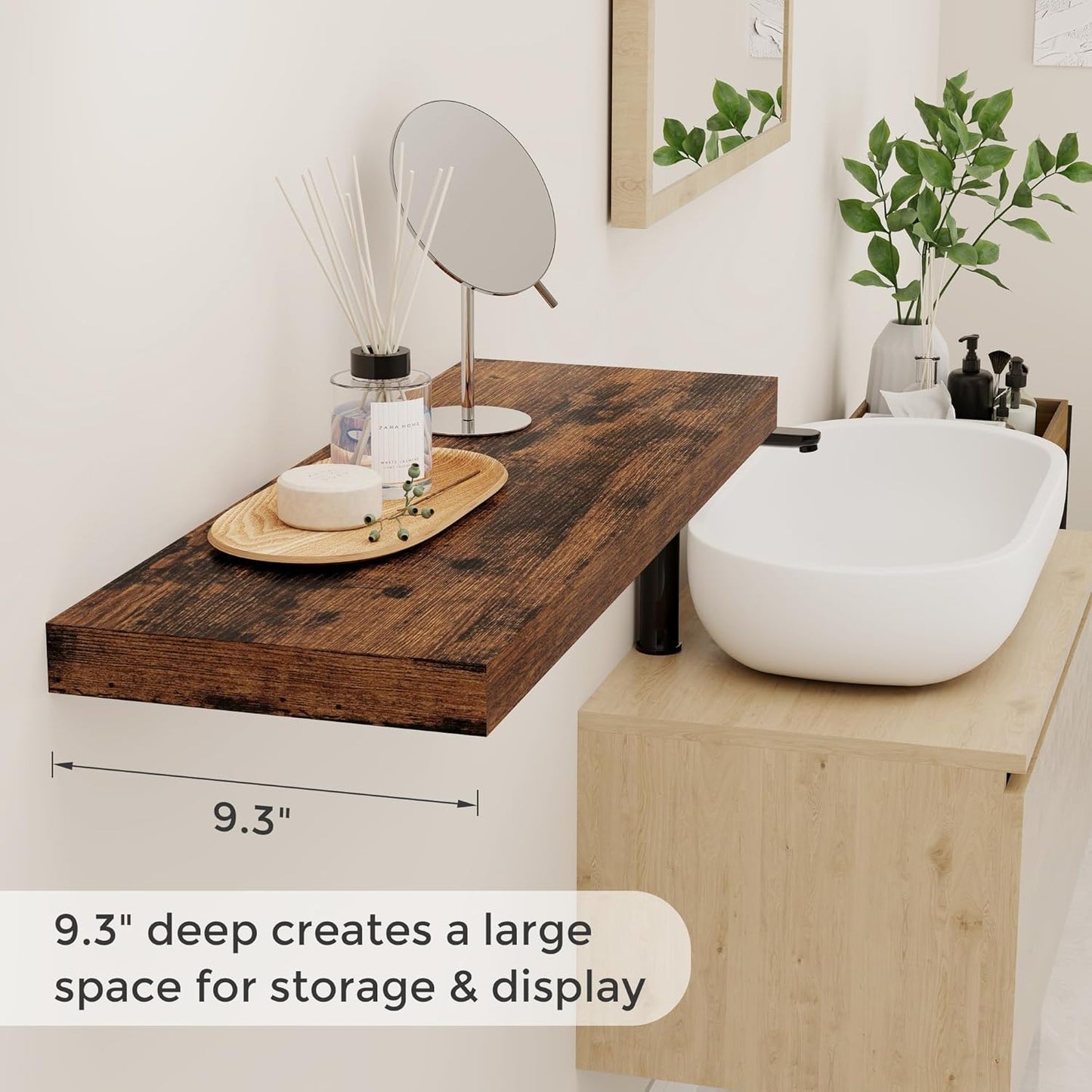 Fun Memories 32 Inch Floating Shelves, Farmhouse Wood Floating Shelf Set of 2, 32 x 9 Floating Shelf Wall Mounted, Deep Storage Display Shelves for Kitchen, Bedroom, Living Room, Rustic Brown Color