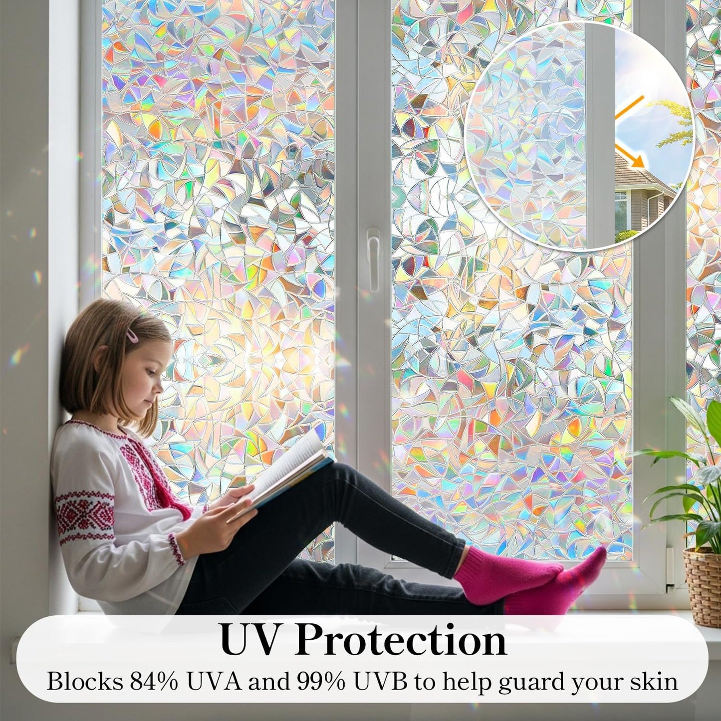 DUOFIRE Window Privacy Film, Rainbow Window Clings for Glass Windows, Stained Glass Film Decorative, 3D Decals Cover, Suncatcher Static Cling Sticker for Home, 23.6 x 78.7 inch