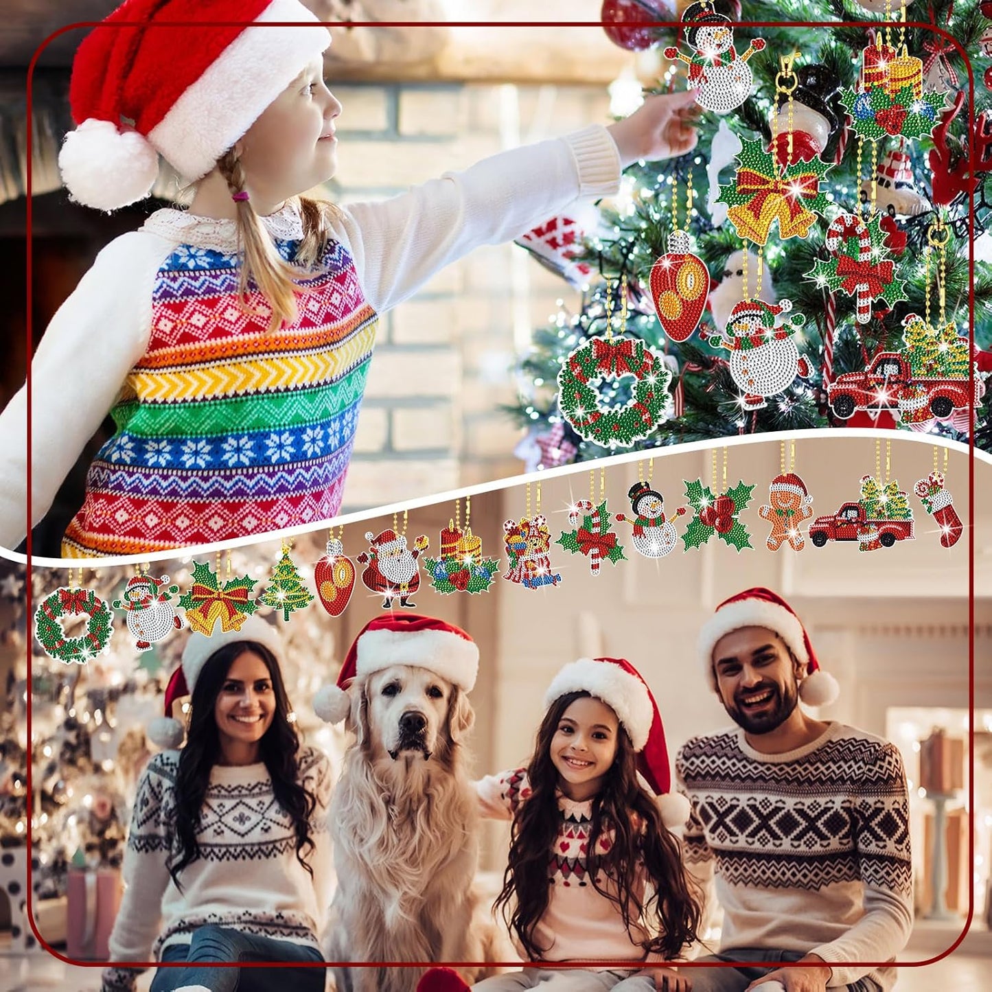 Equsion 14 Pcs Diamond Art Christmas Ornaments Christmas Diamond Painting Keychains Kits 5d DIY Hanging Double Sided Diamond Art Key Ring Painting Key Chain Family Decor Rhinestone Pendant