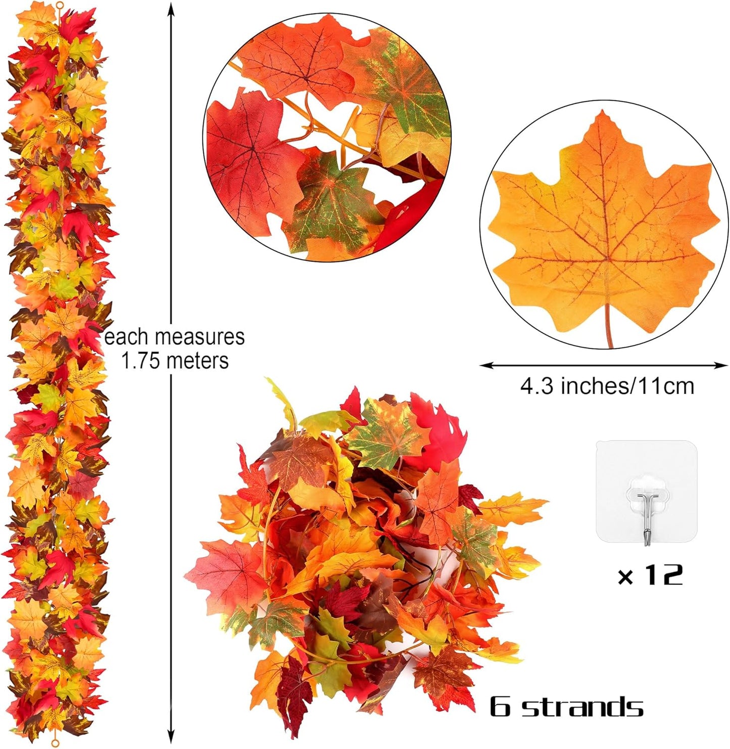 Fovths 6 Pack Maple Leaves Garland 5.8ft/Pc Artificial Fall Decorations Colorful Autumn Hanging Vine for Thanksgiving Halloween Fireplace Indoor Outdoor Decor