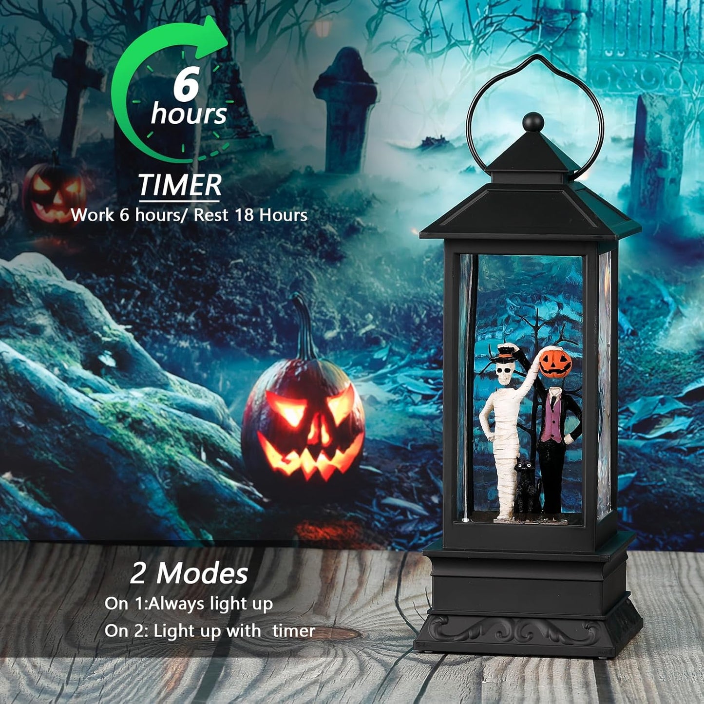 Halloween Snow Globes, Skull and Black Cat Scene Snow Globes, Glittering Lantern with Timer, Snow Globe Lantern USB or Battery Powered for Halloween Decor
