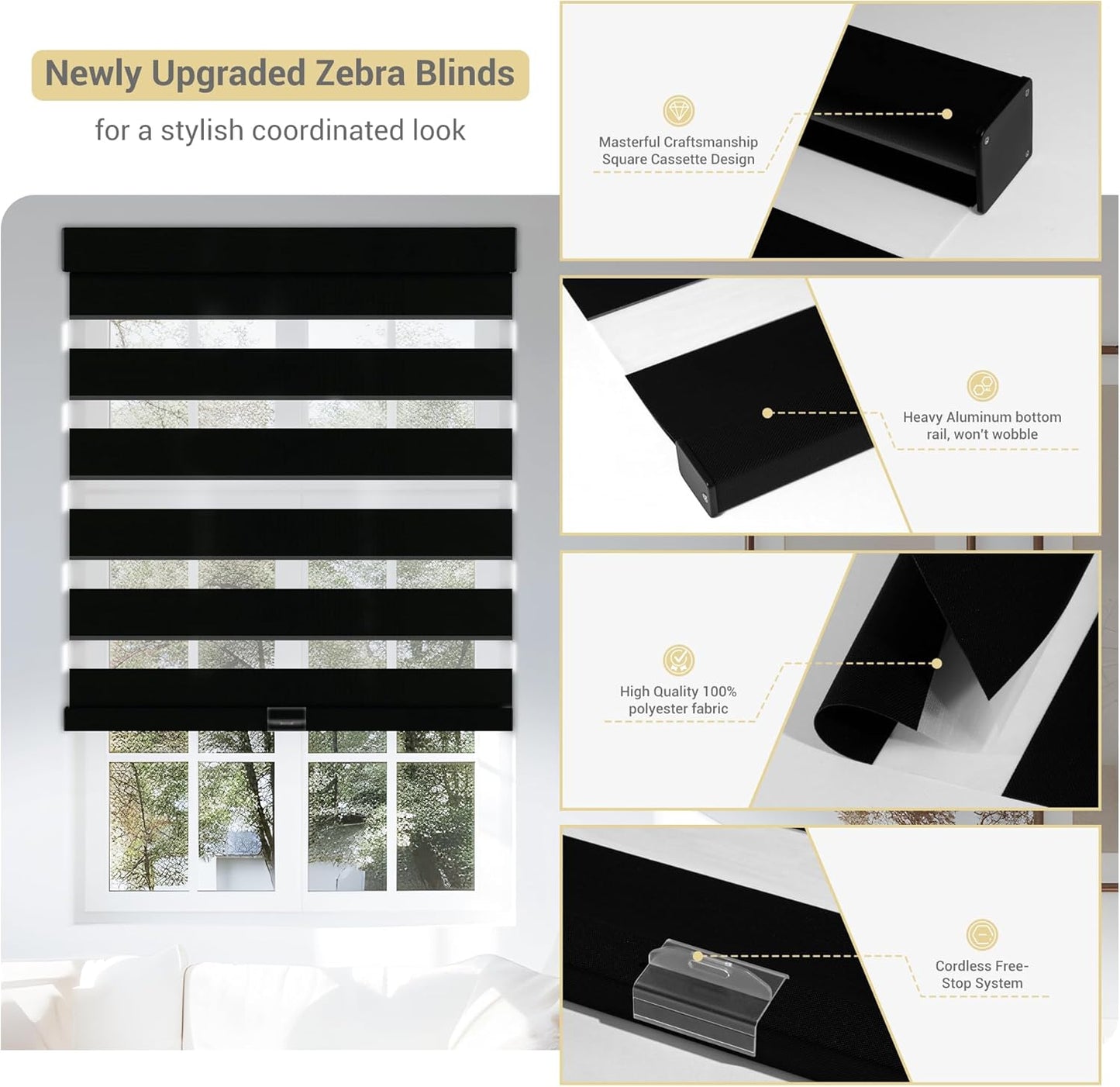 Cordless Zebra Blinds for Windows, Blackout Interior Blinds,Easy to Install,UV Protection,for Offices and Home,Custom Roller Shades, Solid Black, 75" W x 88" H
