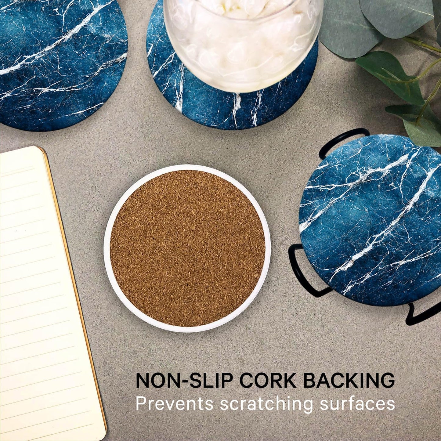 Emerson Coasters for Drinks Absorbent – Dining Table Set of 6 with Holder, 100% Ceramic Wooden Tabletop Protection Marble Style - Non-Slip & Cork Bottom - Heavy Duty (Blue Streak)