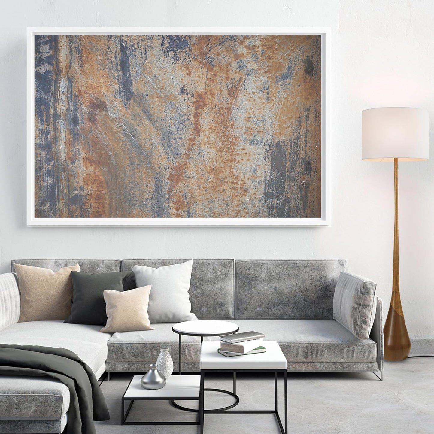 GLOBE Electric Novogratz x Harrington 65" Floor Lamp, 2-Tone Faux Wood Base, White Fabric Shade, Socket Rotary Switch 67225