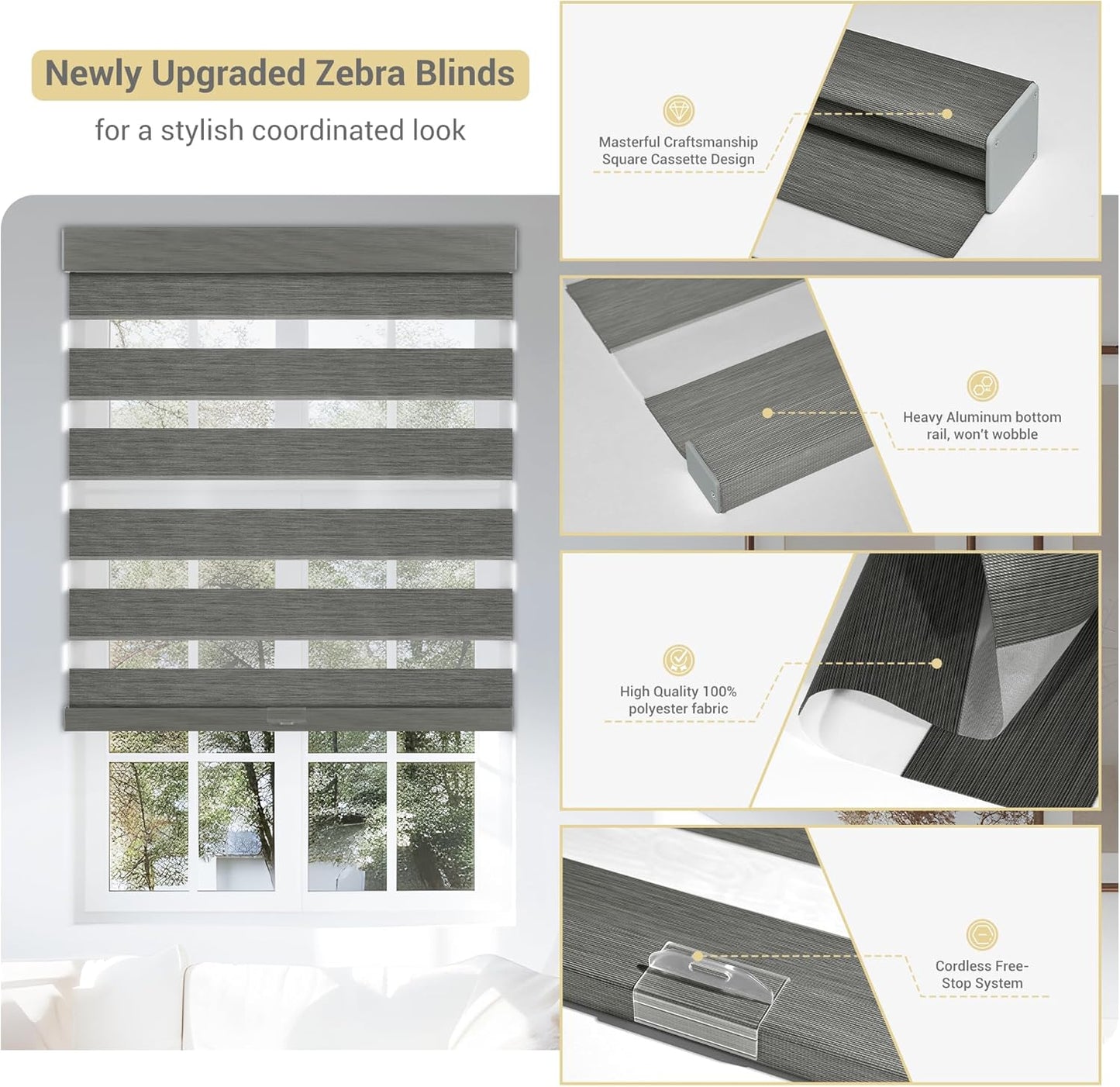 Cordless Zebra Blinds for Windows, Blackout Interior Blinds,Easy to Install,UV Protection,for Offices and Home,Custom Roller Shades, Mousse Grey,82" W x 64" H