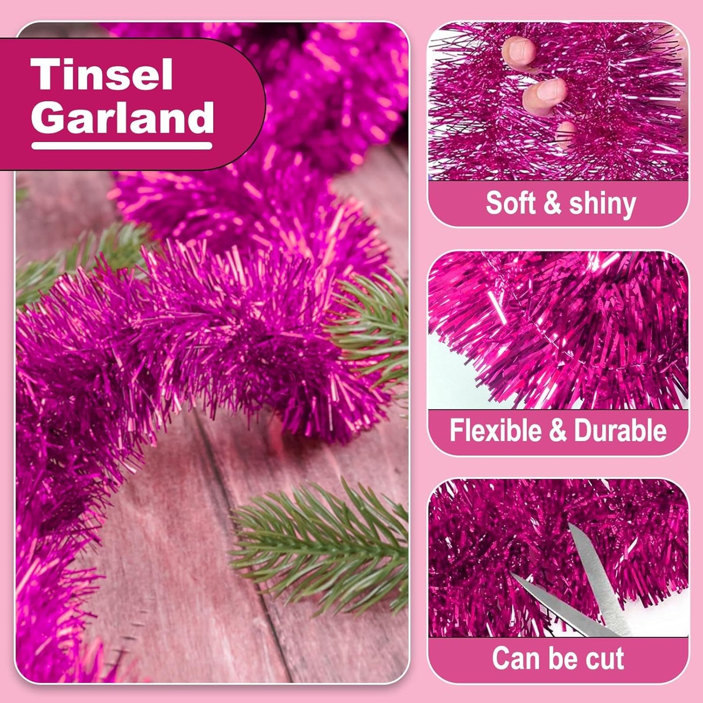 25 Feet Metallic Twist Tinsel Garland Backdrop for Parade Floats, Christmas Eve, New Year, Valentine's Day Party Decorations (Fuchsia, 4in x 25ft)