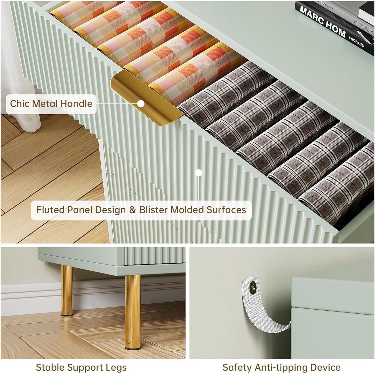 GAOMON 3 Drawer Dresser, Wood Chest of Drawers Organizer Storage with Gold Handle, Small Storage Cabinet, Modern Design Dresser for Bedroom, Living Room, Closet, Hallway, Entryway, Green