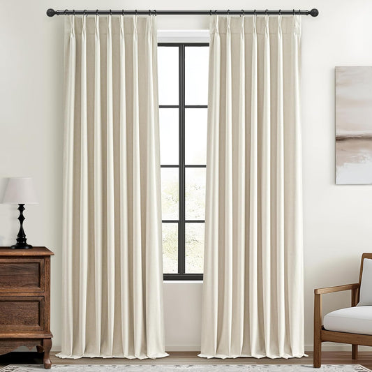 Cream Blackout Curtains & Drapes 96 Inches Long 2 Panels Set for Sliding Glass Doors, Pinch Pleated Thick Linen Blend Windows Curtain with Back Tab for Bedroom Cold Weather Thermal 40"W x 96"L