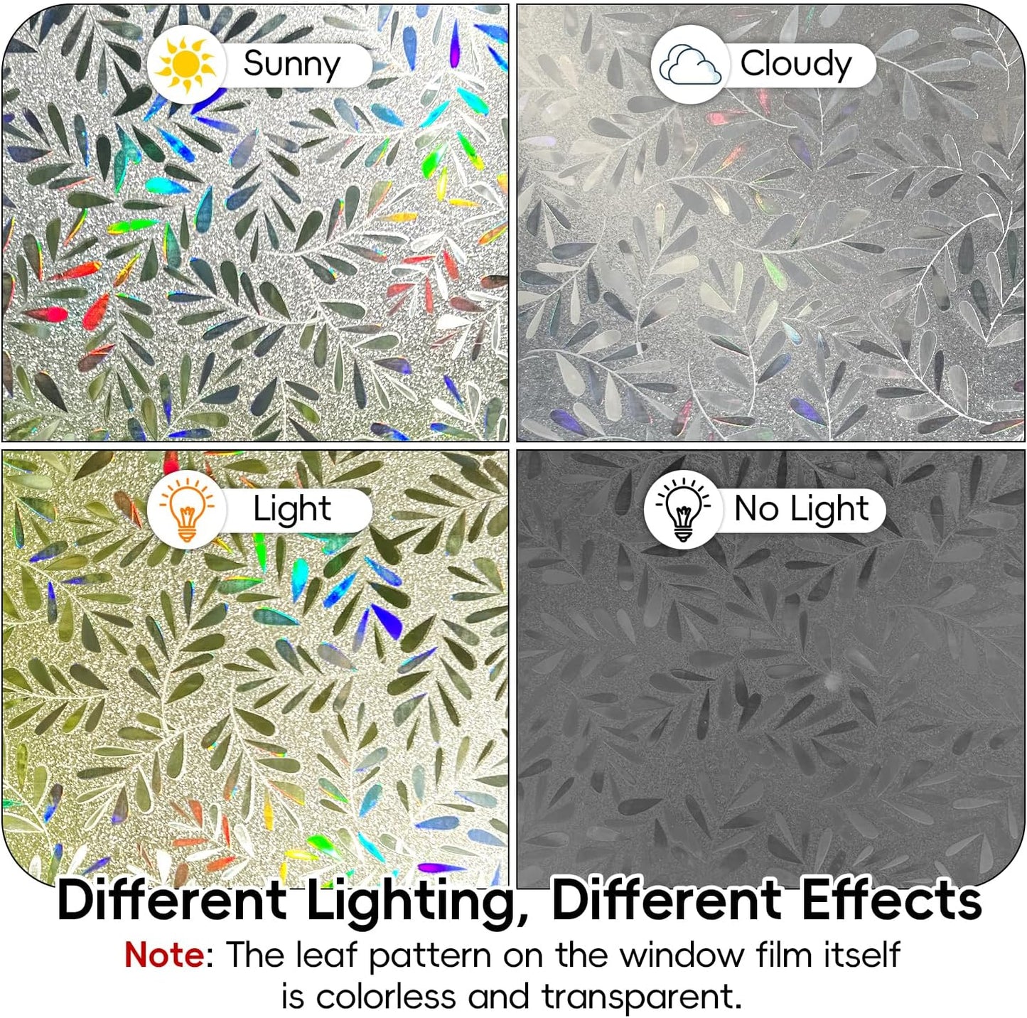 DUOFIRE Window Privacy Film Rainbow Window Film Decorative Leaves Pattern Window Cling Frosted Reusable Anti-UV Non-Adhesive Static Cling Privacy Film for Home Office 35.4 × 78.7 inches