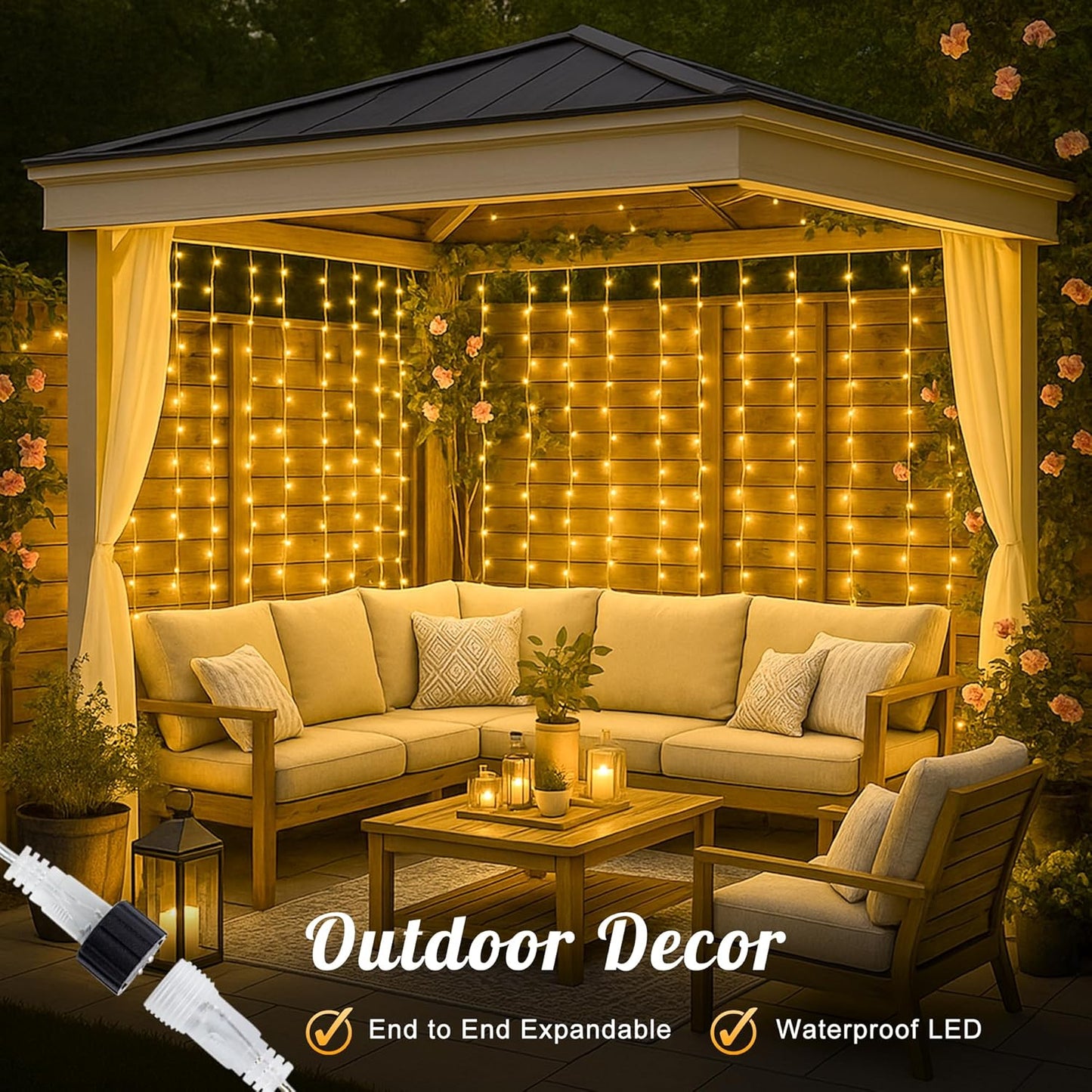 HEYFUNi 304 LED Curtain Lights Outdoor, 9.8Ft*9.8Ft Hanging String Lights Plug in with 8 Modes, Connectable Curtain Fairy Lights for Bedroom, Dorm, Christmas, Wall, Backdrop, Wedding Decor, Warm White