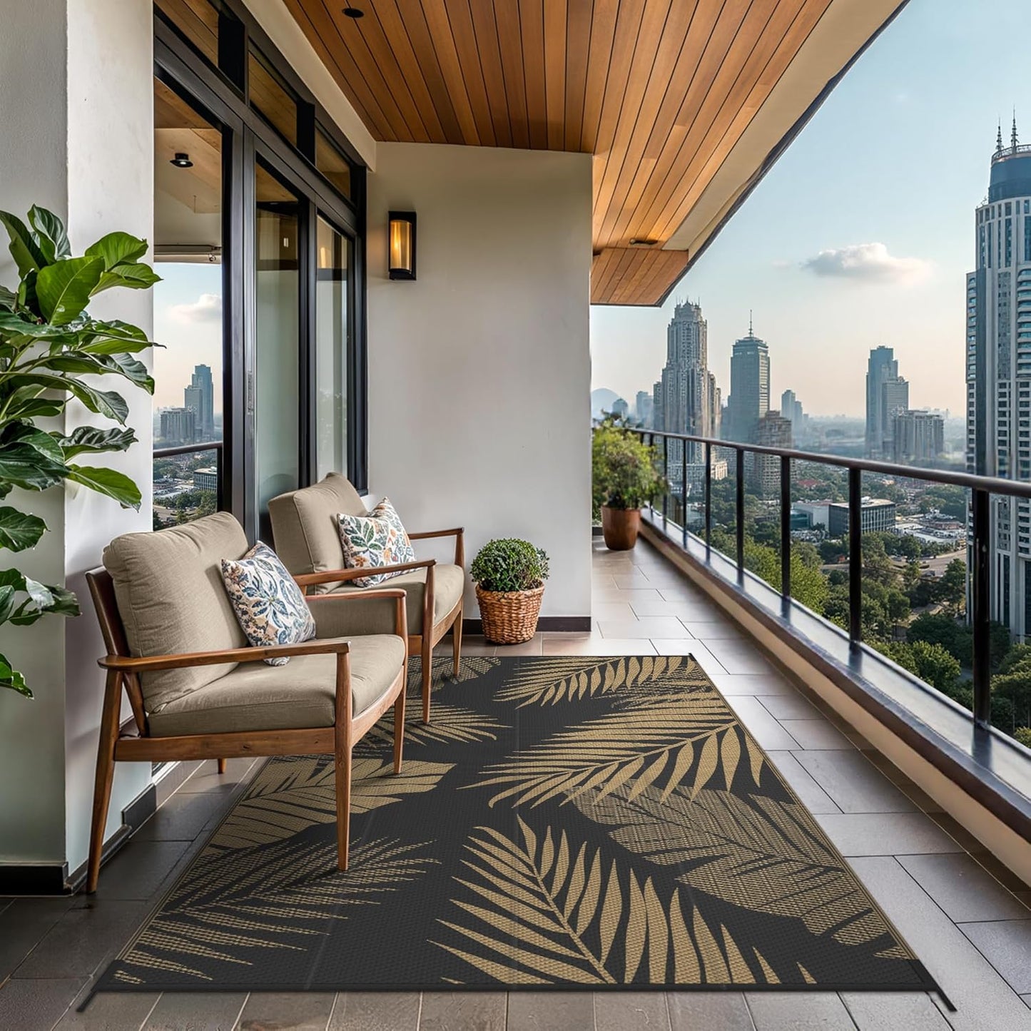 GENIMO Outdoor Rug 5' x 8' Waterproof for Patios Clearance, Reversible Outdoor Plastic Straw Camping Rug Carpet, Large Area Rugs Mats for RV, Picnic, Backyard, Deck, Balcony, Porch, Beach, Black&Brown