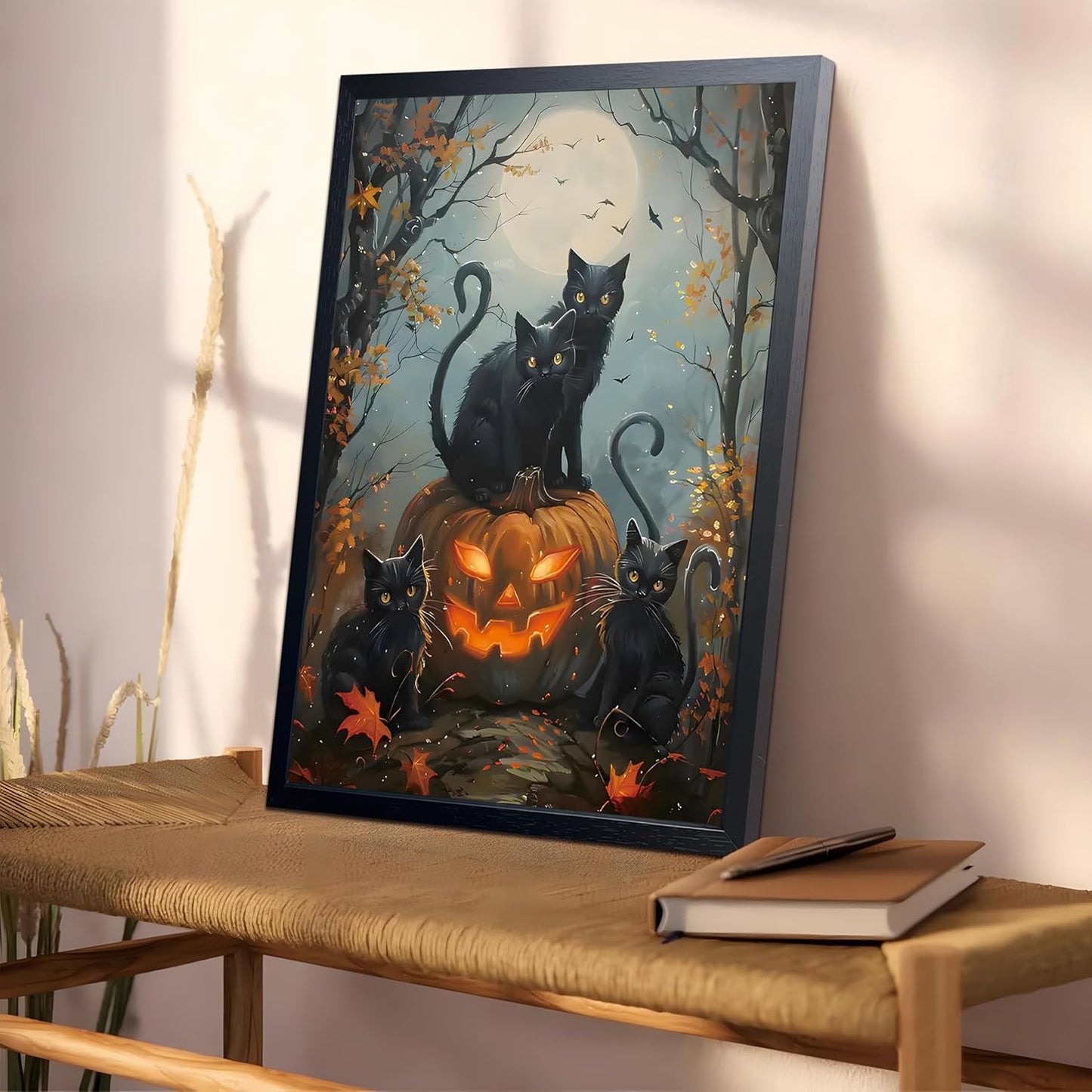 Halloween Black Cat Wall Art, Dark Academia Spooky Pumpkin Poster Wall Decor, Vintage Gothic Witchy Cat Canvas Print, for Bedroom Living Room Aesthetic Decor 12x16 Inch Wood Framed