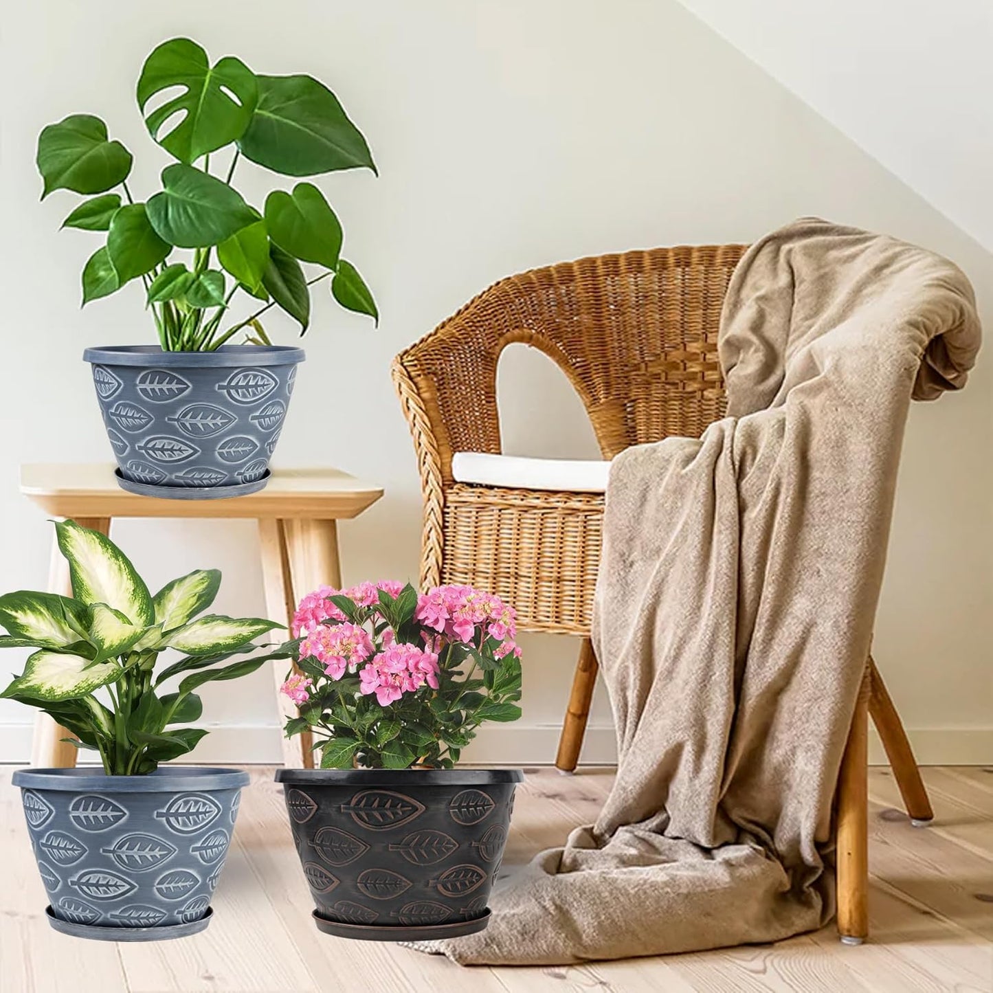 3 Pack Flower Pots Outdoor 11 Inch Plant Pots Indoor, Large-Plastic-Plant-Flower-Planters-Pots with Drainage Hole & Tray, Modern Decorative Garden Pot with Saucer(Brown)