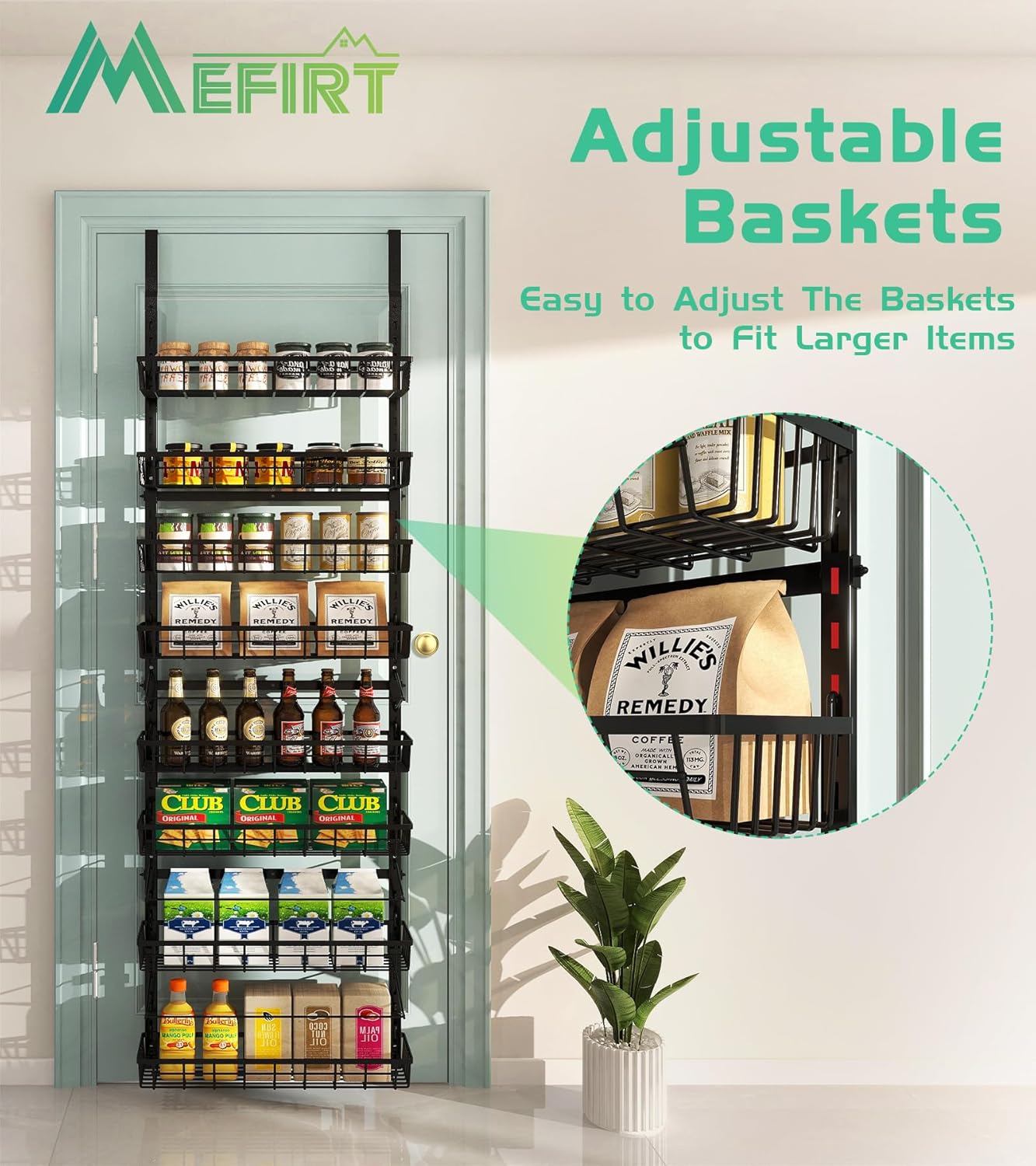 Over The Door Pantry Organizer, Wall Mount Spice Rack, Pantry Hanging Storage and Organization, 8 Adjustable Baskets Heavy-Duty Metal for Home & Kitchen, Back of Door Seasoning Rack - Black