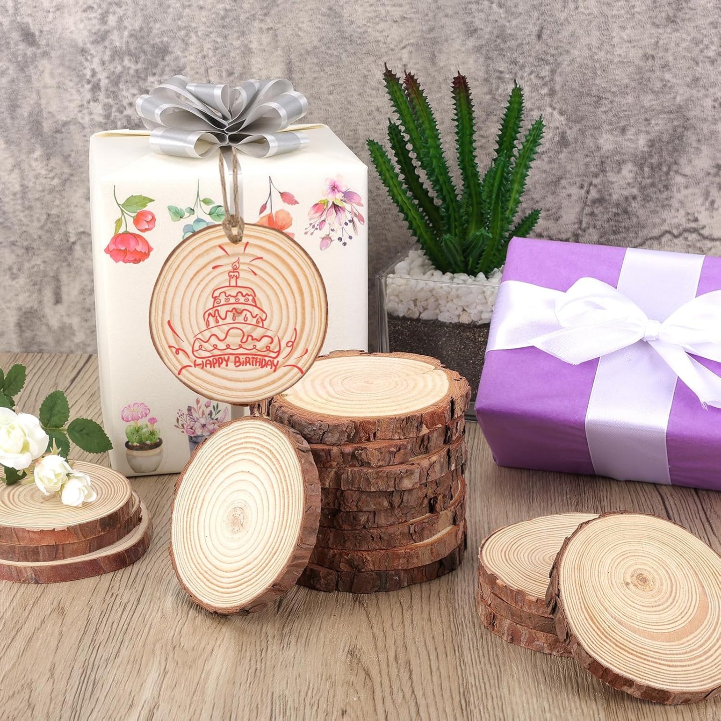 FUMILE Unfinished Natural Wood Slices 3.5-4 Inch, 10 PCS Round Wooden Discs with Tree Bark, Wood Rounds for Crafts Christmas Ornaments, Wood Circles for Rustic Wedding Decoration