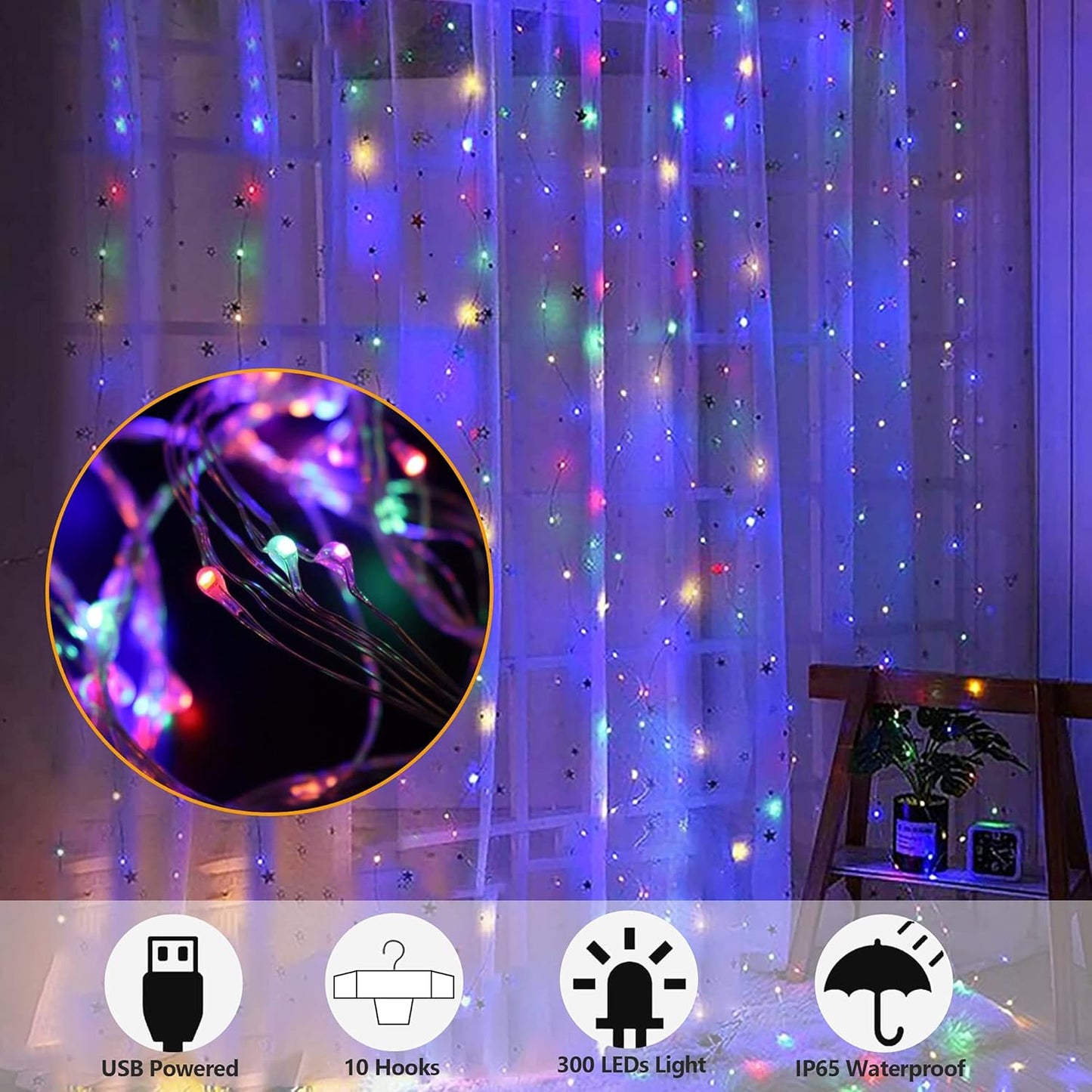 HOME LIGHTING Window Curtain String Lights, 300 LED 8 Lighting Modes Fairy Copper Light with Remote, USB Powered Waterproof for Christmas Bedroom Party Wedding Home Garden Wall Decorations, Multicolor