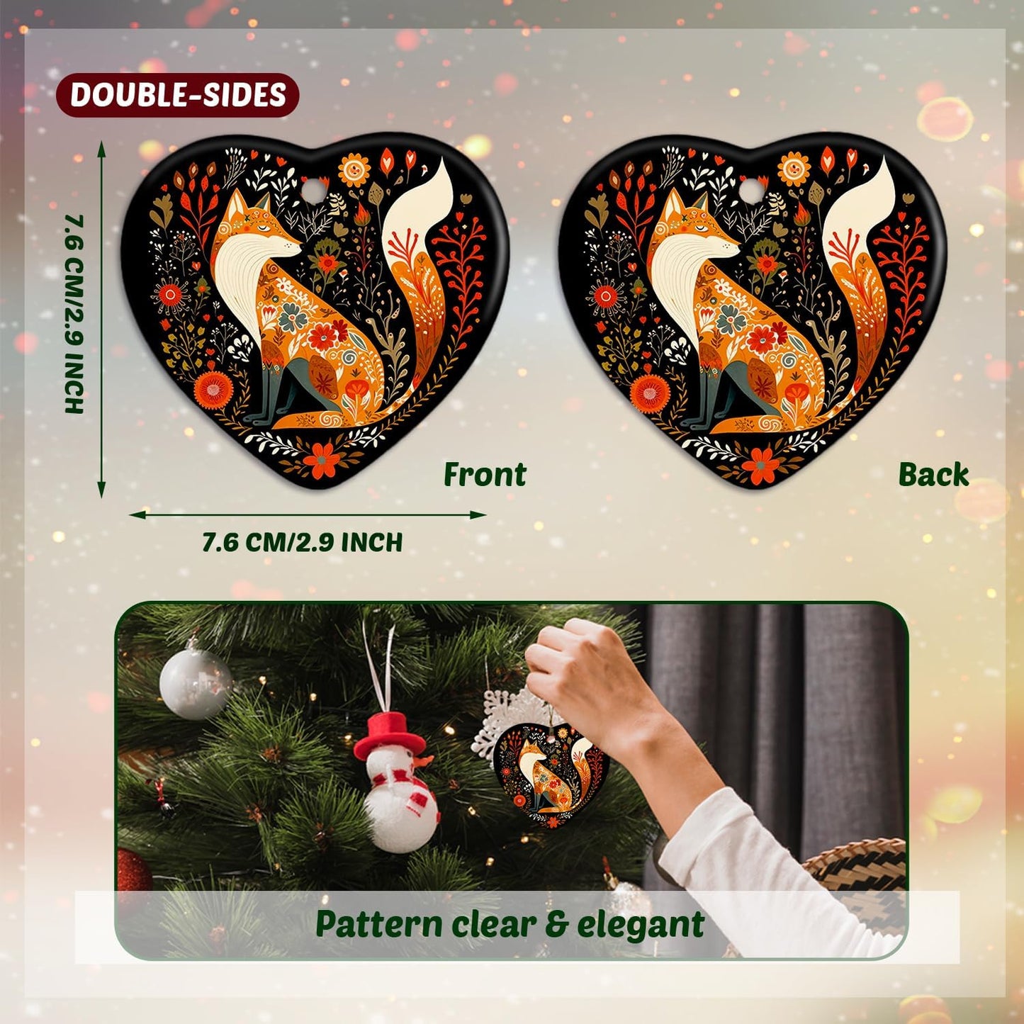 Fox Christmas Ornament - Cottagecore Botanical Heart Ceramic Decoration for Tree - Gift for Women
