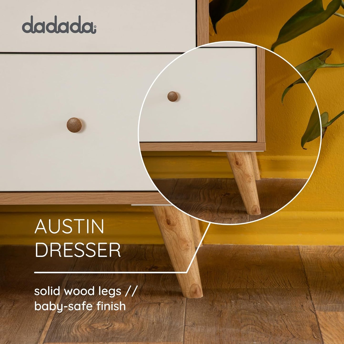 dadada Austin 5-Drawer Dresser for Nursery and Bedroom - Modern Design, Large Storage, Baby-Safe Finish, Anti-Tip Safety, Solid Wood Feet, Durable Construction (White+Red Oak)