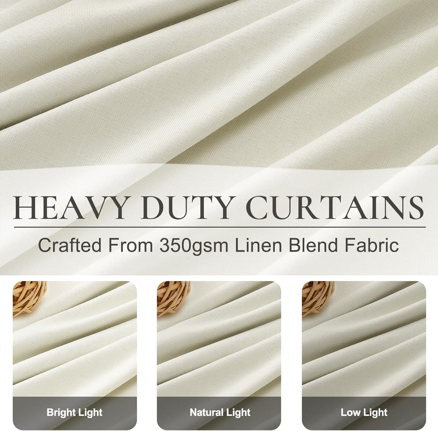 Cream White Viral Blackout Canvas Curtains 100 Inches Long 2 Panels Set for Bedroom, Neutral Pinch Pleated Linen Heavy Thermal Curtains for Winter Room Darkening Insulated Window Drapes 40x100 Inch