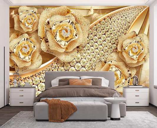 Golden Jewelry Diamond Rose Butterfly Wall Mural Wallpaper for Bedroom 137" x 100"
