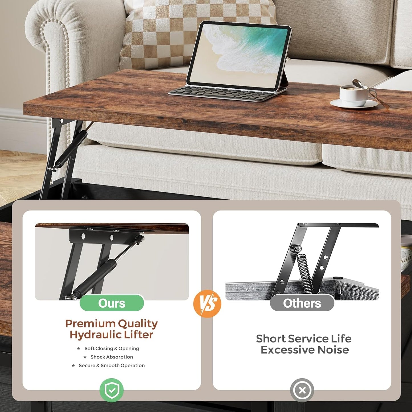 31.5" Lift Top Coffee Table with Storage, Farmhouse Coffee Tables for Living Room, Square Coffee Table with Large Hidden Storage Compartment, 2 Drawers & Removable Shelves, Black